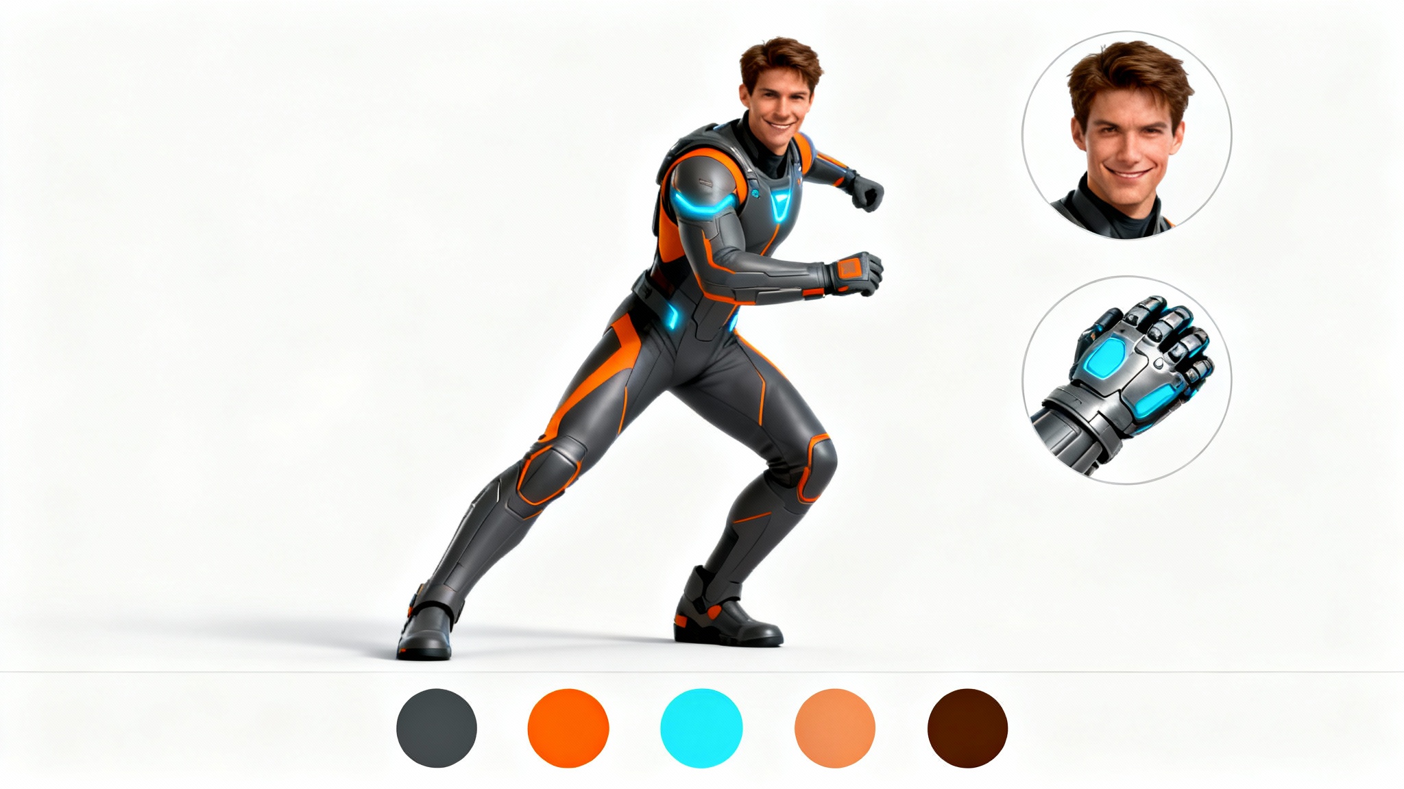 A character palette concept sheet for a male space adventurer, showing a full-body illustration in a sci-fi suit, close-ups of his face and gauntlet, and a row of color swatches in gray, orange, and blue, all on a white background.