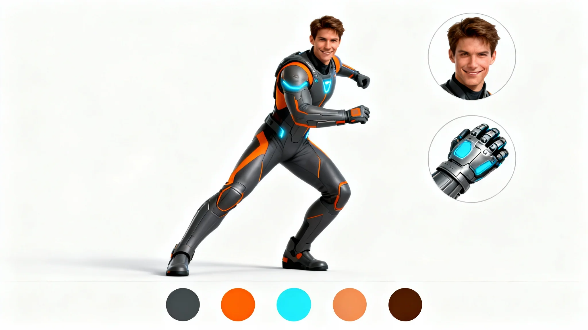 A character palette concept sheet for a male space adventurer, showing a full-body illustration in a sci-fi suit, close-ups of his face and gauntlet, and a row of color swatches in gray, orange, and blue, all on a white background.