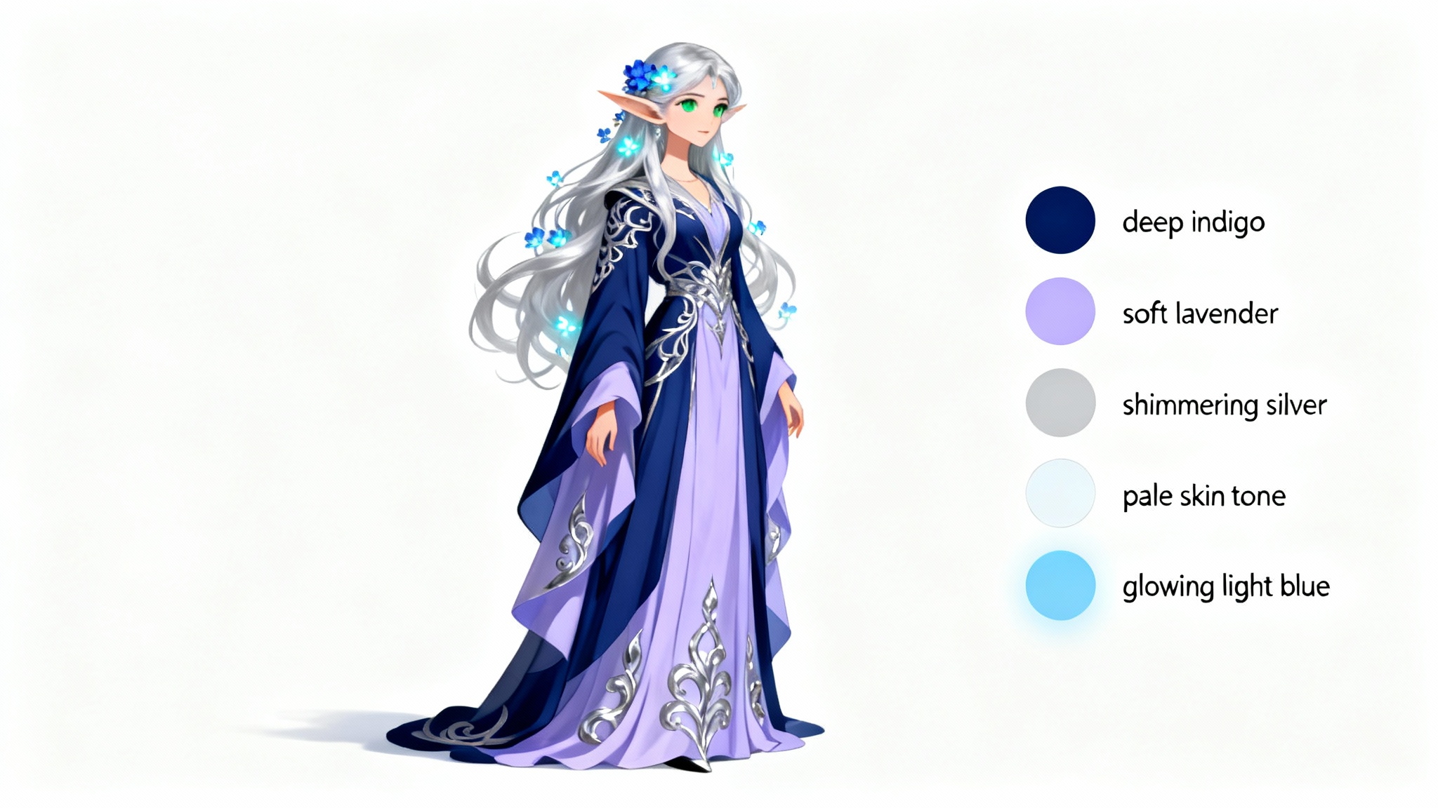 A character palette concept art sheet showing a mystical elf in indigo and lavender robes, displayed next to a vertical row of color swatches on a white background.
