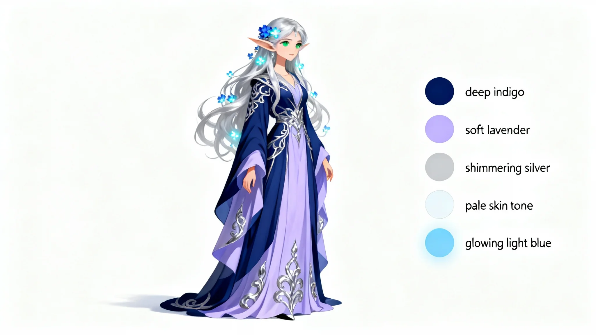 A character palette concept art sheet showing a mystical elf in indigo and lavender robes, displayed next to a vertical row of color swatches on a white background.