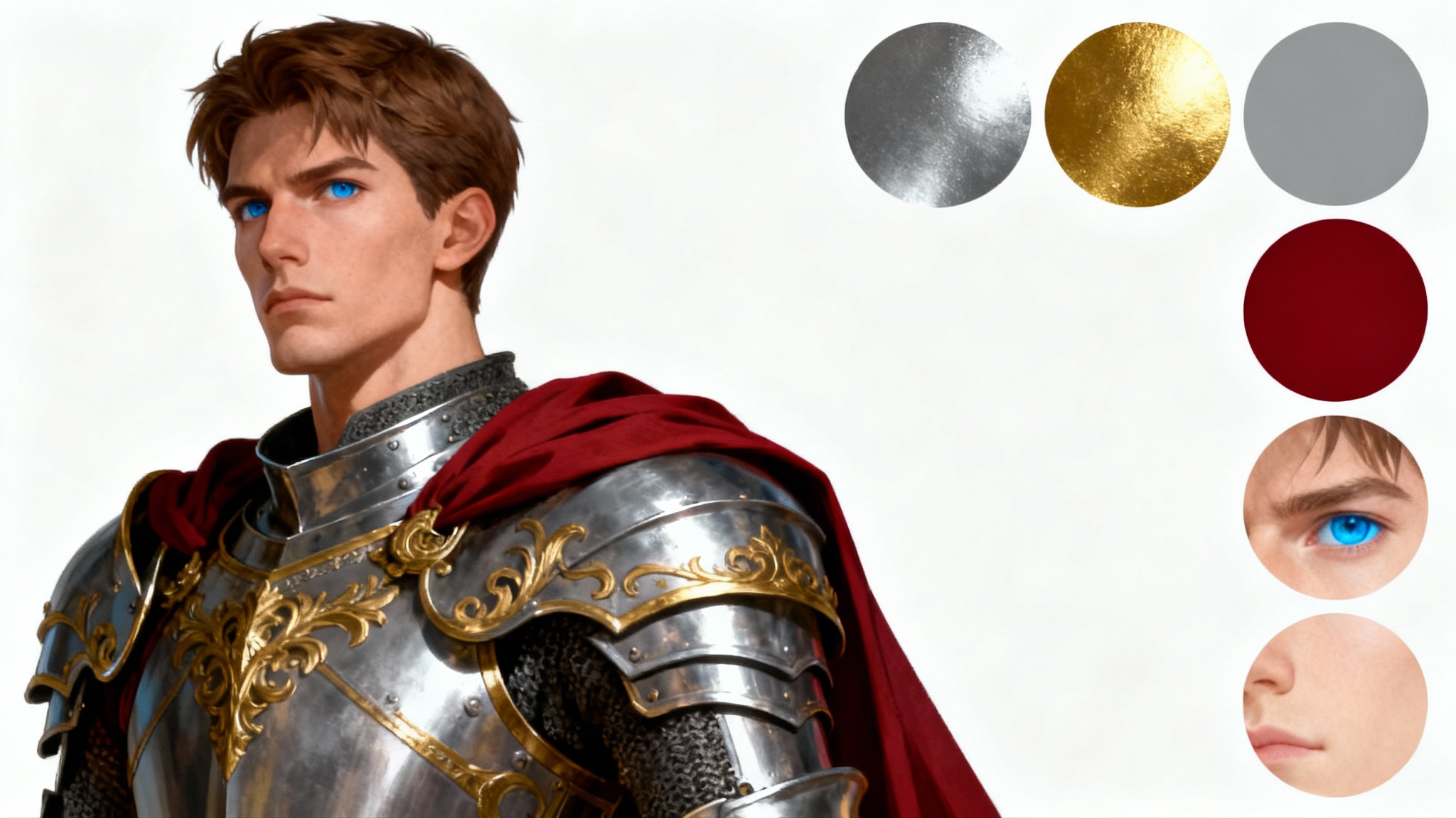 A digital illustration of a knight in steel armor and a red cape, positioned next to a five-color palette derived from his appearance: steel grey, gold, crimson red, skin tone, and cerulean blue. The background is solid white.