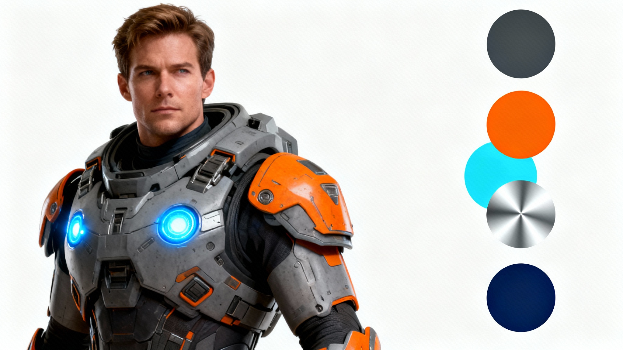 A sci-fi soldier in gray and orange armor is shown on the left, with a corresponding color palette of gray, orange, blue, and silver swatches on the right, all on a white background.