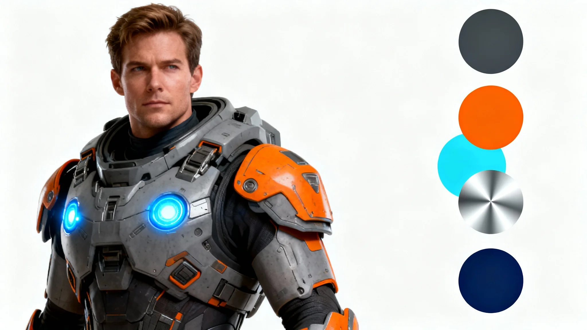 A sci-fi soldier in gray and orange armor is shown on the left, with a corresponding color palette of gray, orange, blue, and silver swatches on the right, all on a white background.