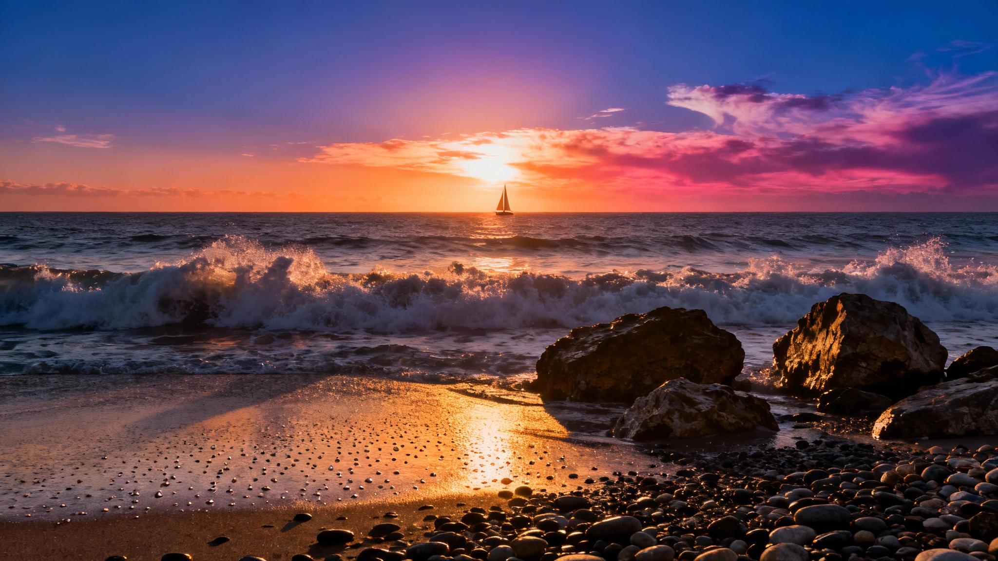 A perfectly straightened, professional photograph of a beautiful coastal sunset, demonstrating a perfectly level horizon line.