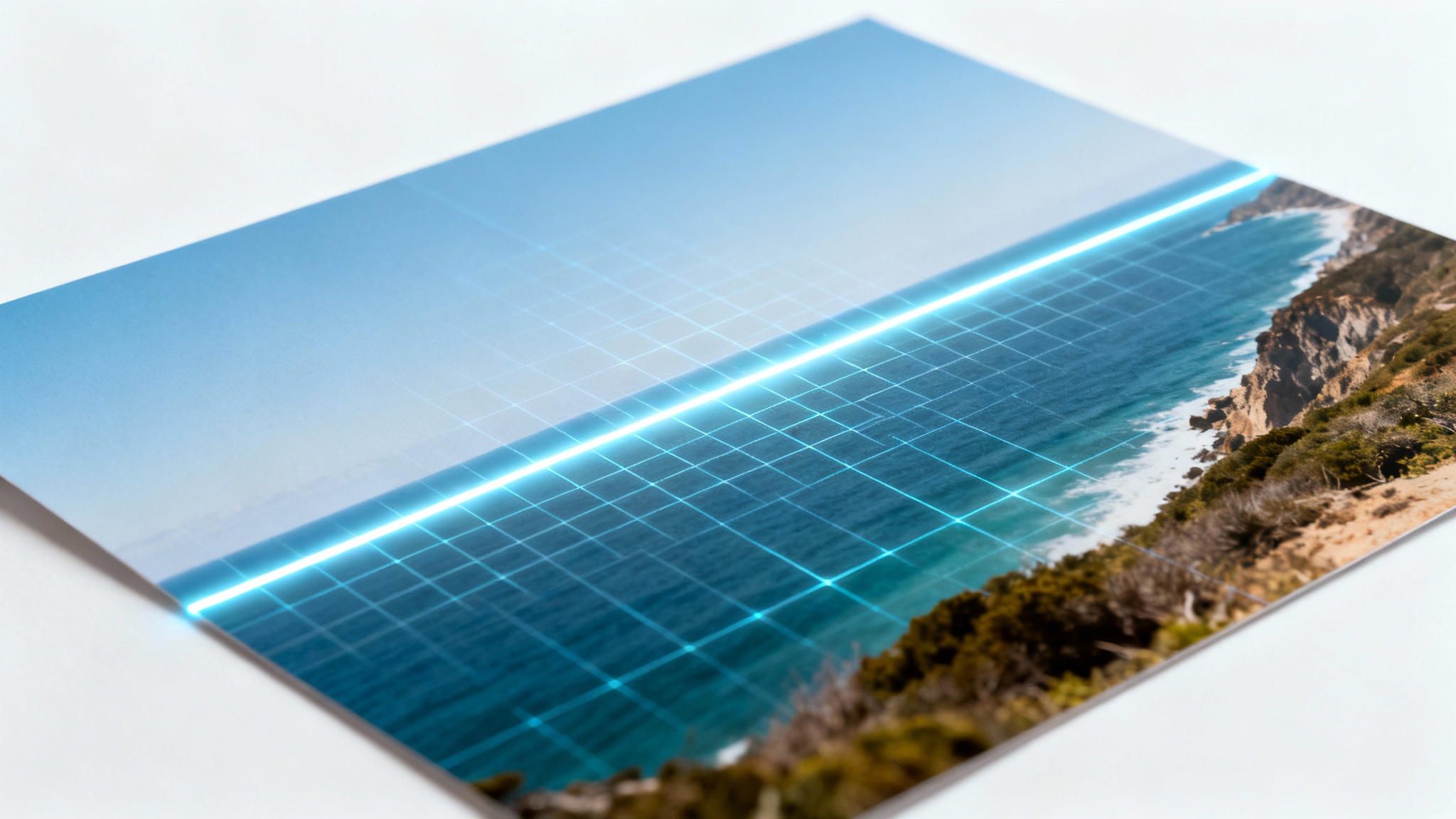 A tilted photograph of a coastal scene with a clear horizon, overlaid with a digital grid and a straight horizontal line, demonstrating the photo straightening process against a white background.