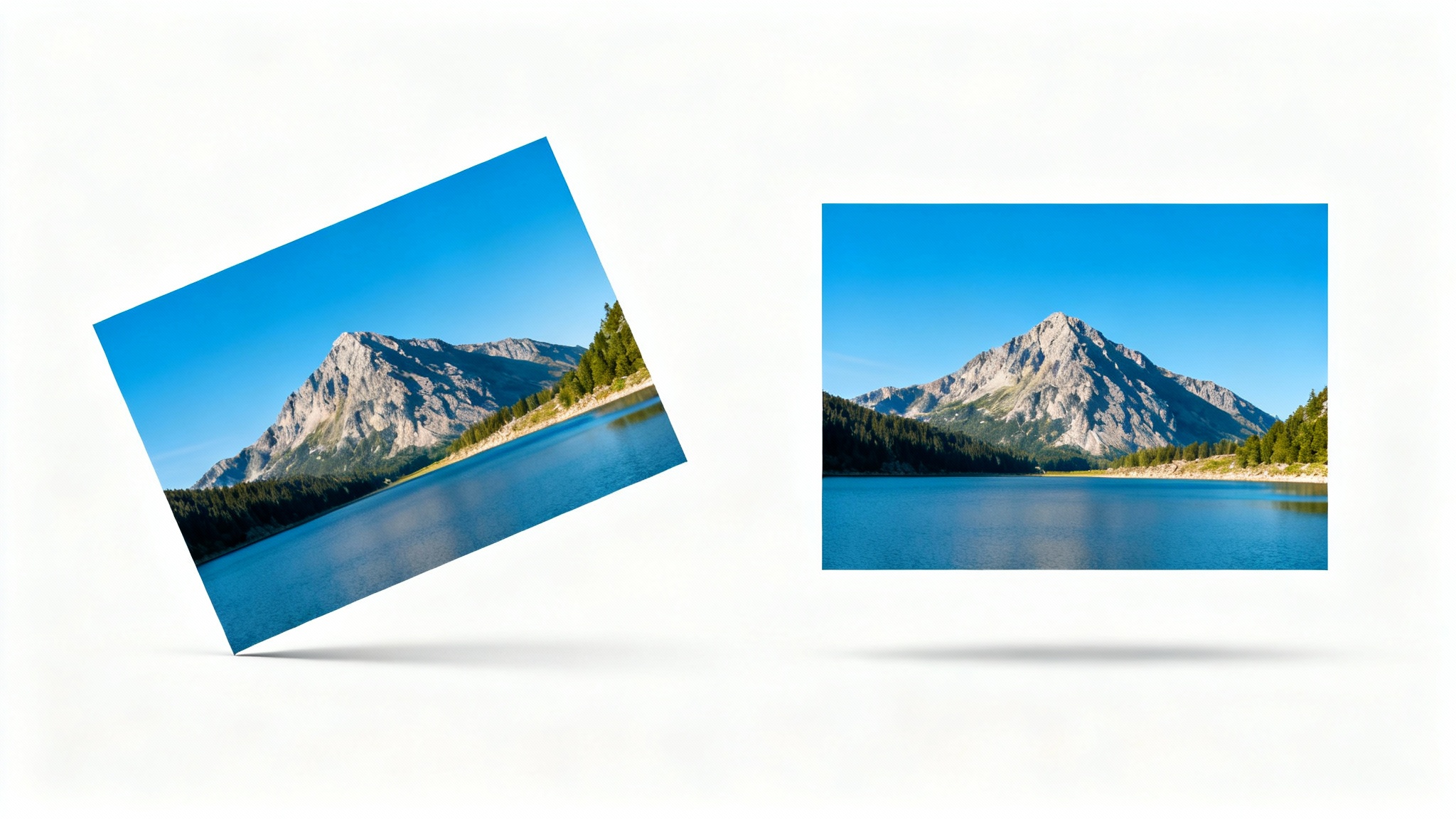 A before-and-after mockup showing a photo being straightened. The left image is a tilted landscape photo, and the right image is the same photo perfectly straightened against a white background.