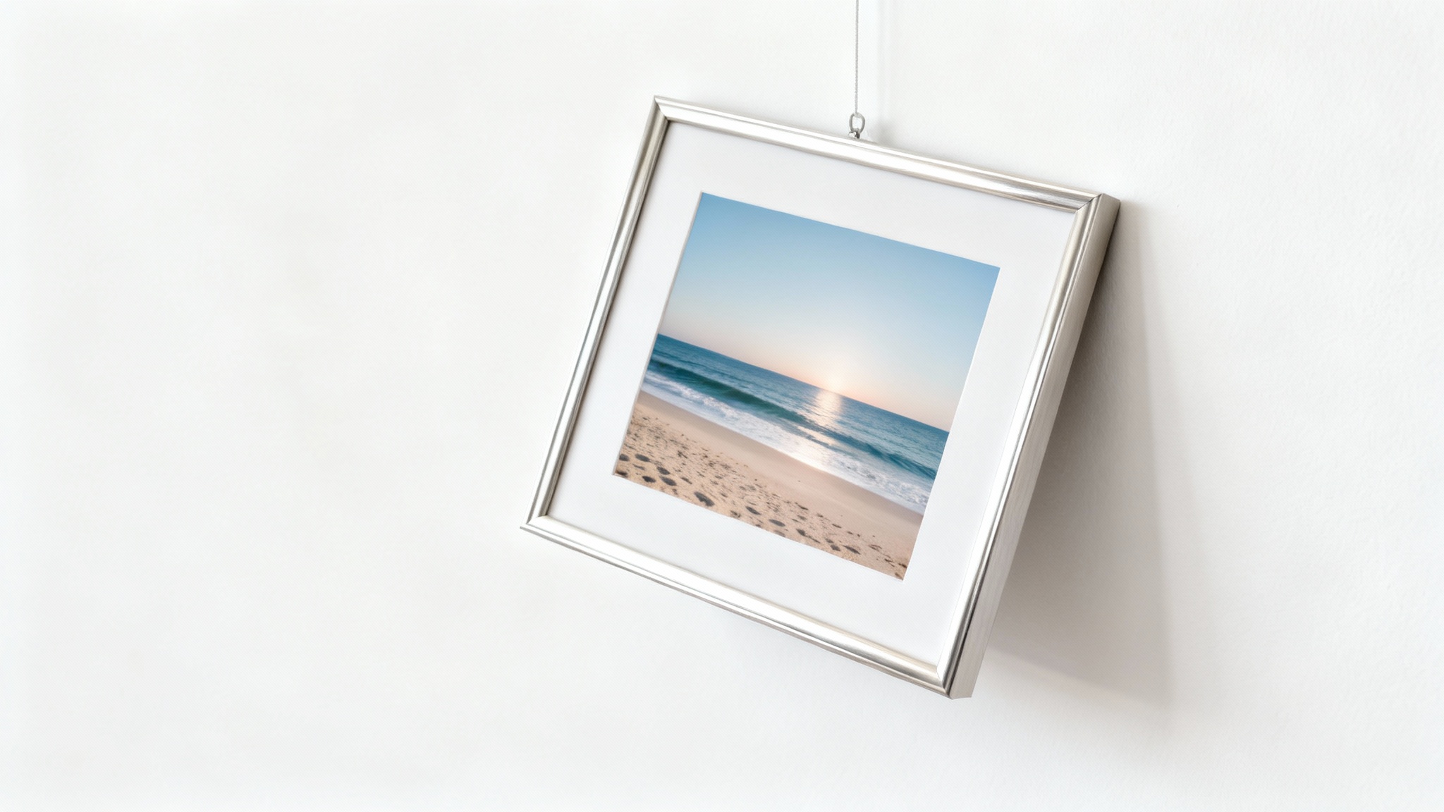 A photorealistic mockup of a picture frame with a landscape photo hanging crookedly on a white wall, representing a tilted photo that needs straightening.