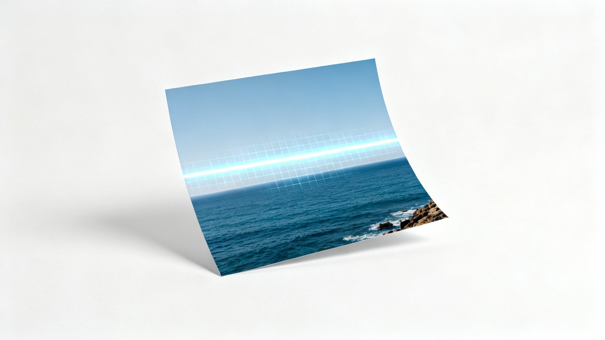 A crooked photograph of a beach scene is shown against a white background, with a digital grid and a straight horizontal line overlaid to demonstrate the process of straightening a photo.