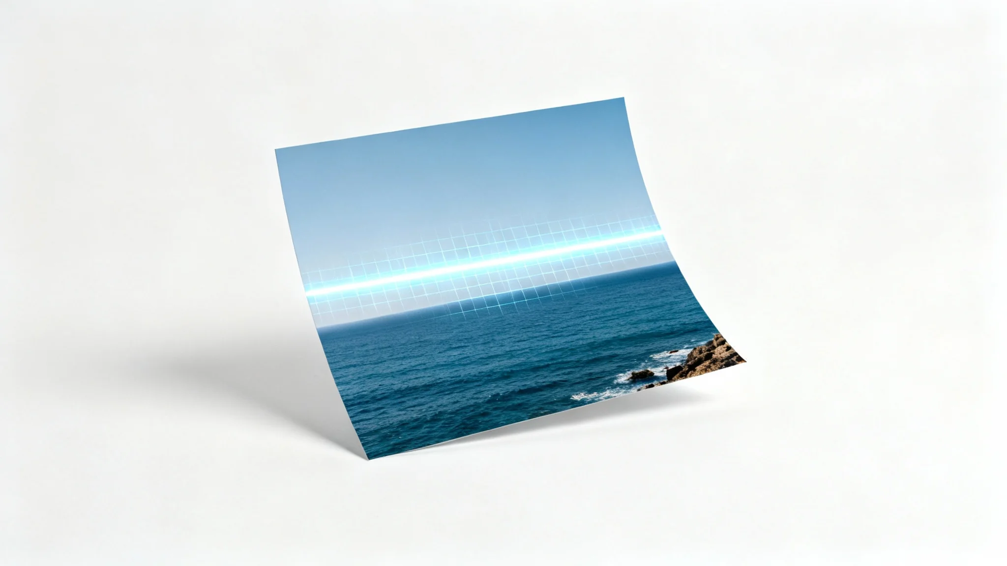 A crooked photograph of a beach scene is shown against a white background, with a digital grid and a straight horizontal line overlaid to demonstrate the process of straightening a photo.
