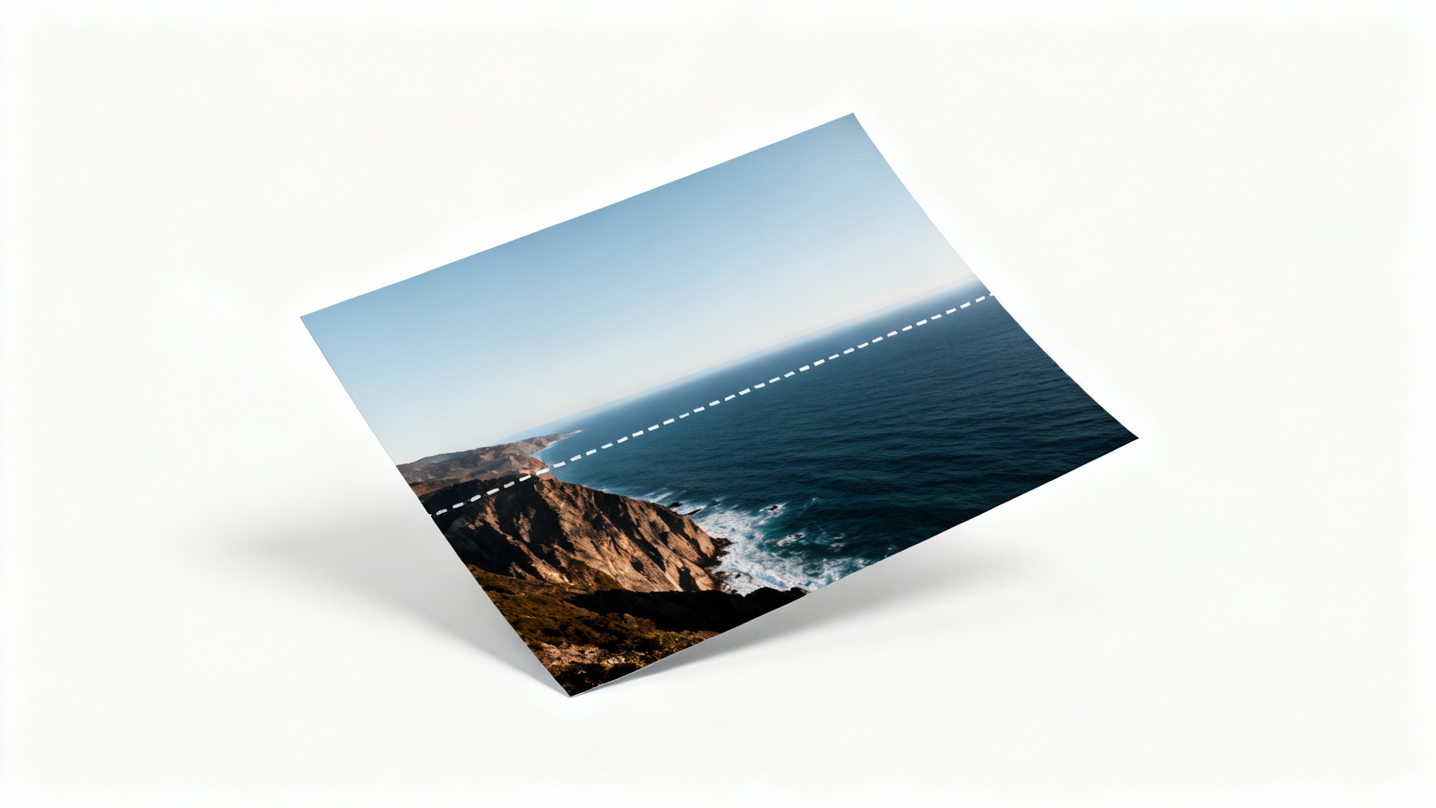 A tilted photograph of a coastal scene with a horizontal dashed line superimposed, demonstrating the process of straightening the photo.