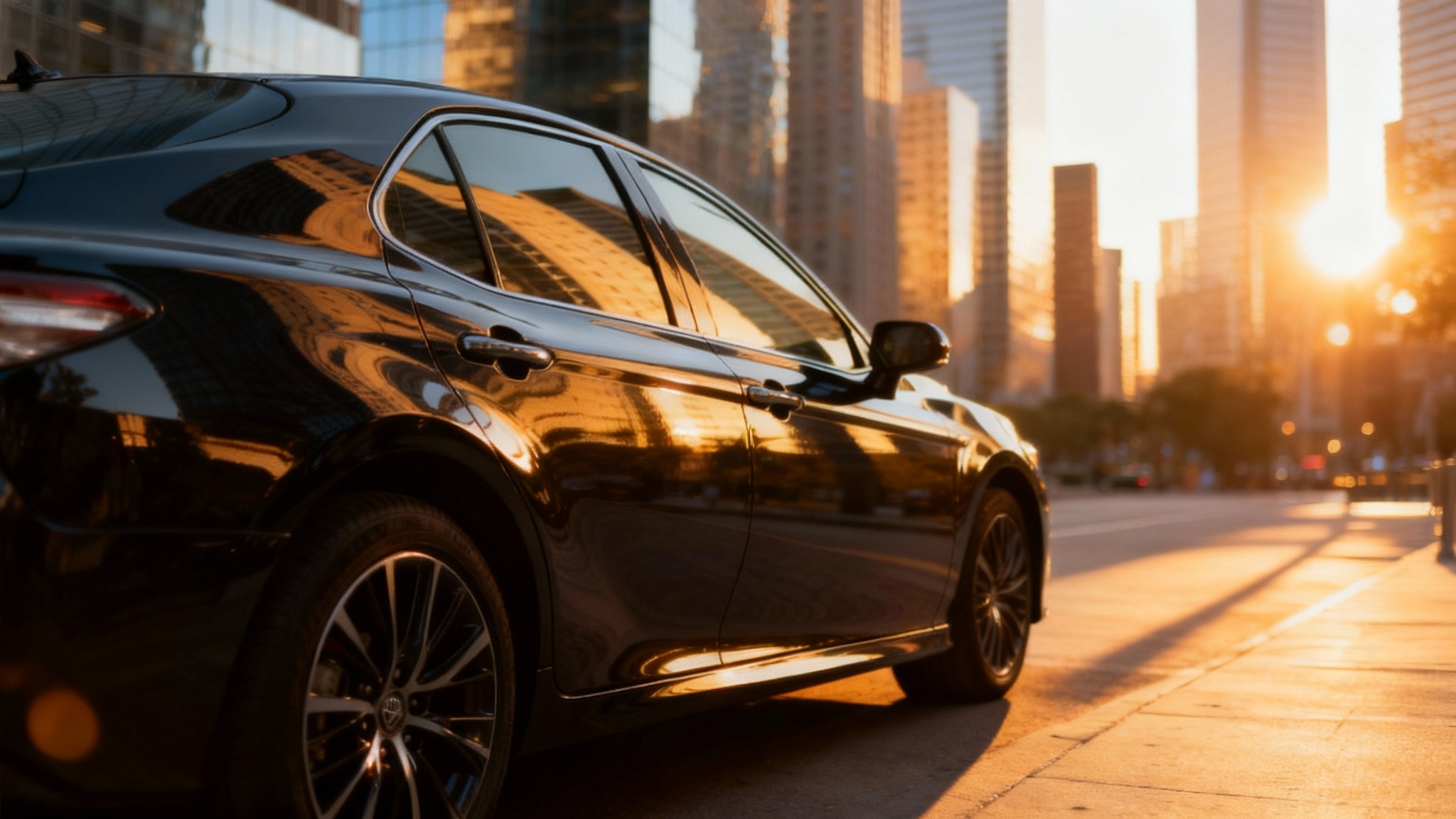A professionally edited, eye-catching photo of a sleek black sedan in a city. The late-afternoon light creates dramatic shadows and highlights the car's glossy finish and the skyscraper reflections on its surface.