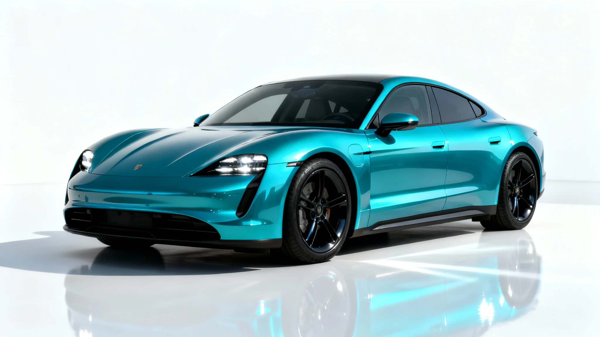 A perfectly edited, glossy electric blue sports car, showcased in a professional photo studio with a clean white background, highlighting its flawless finish.