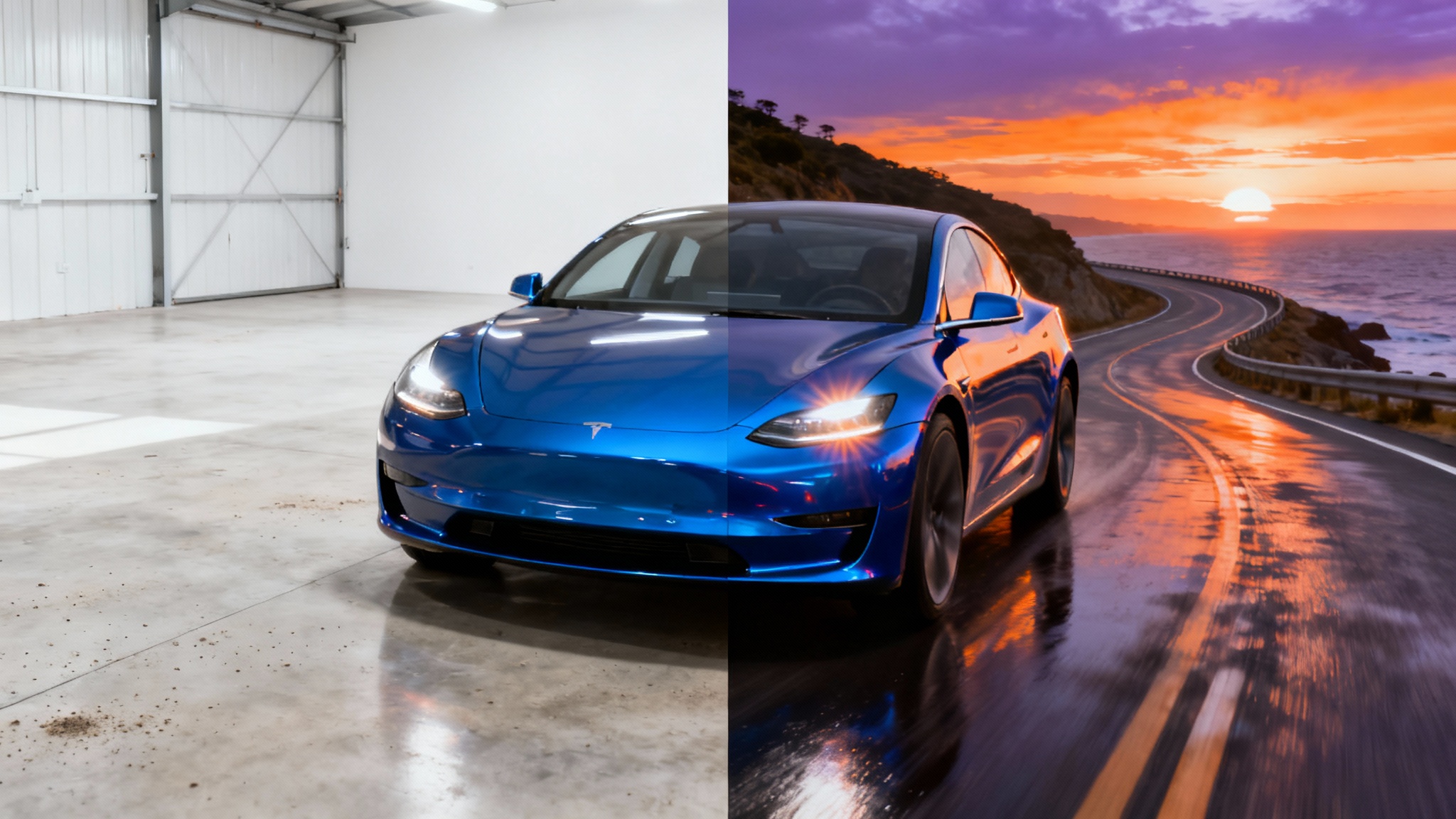 A split-screen comparison showing the effects of automotive photo editing. The left side features a blue sports car in a plain warehouse, and the right side shows the same car beautifully edited into a dynamic scene on a coastal road at sunset.
