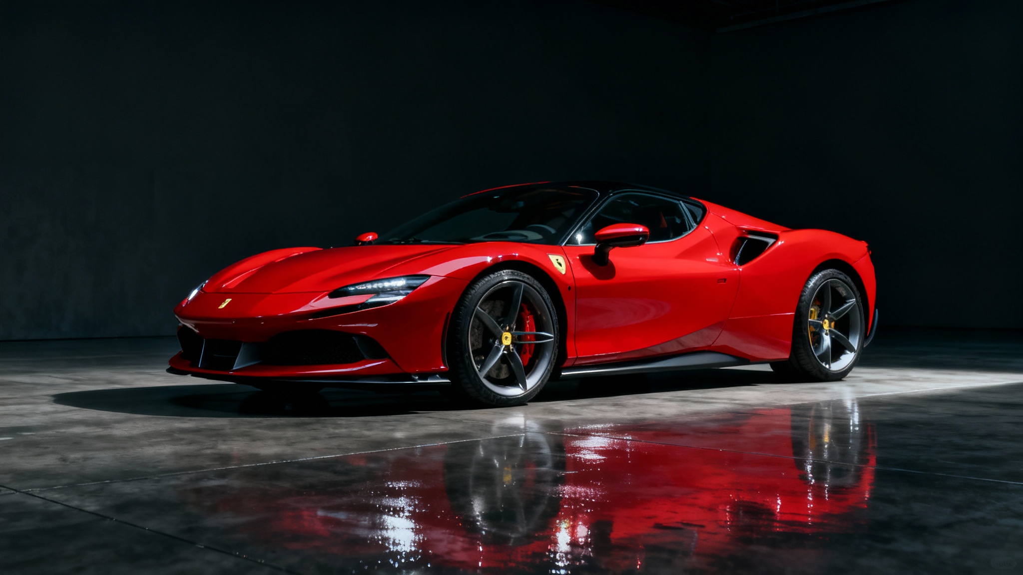 A professionally edited, photorealistic image of a crimson red supercar in a minimalist dark studio, its glossy finish and sleek design highlighted by dramatic lighting.