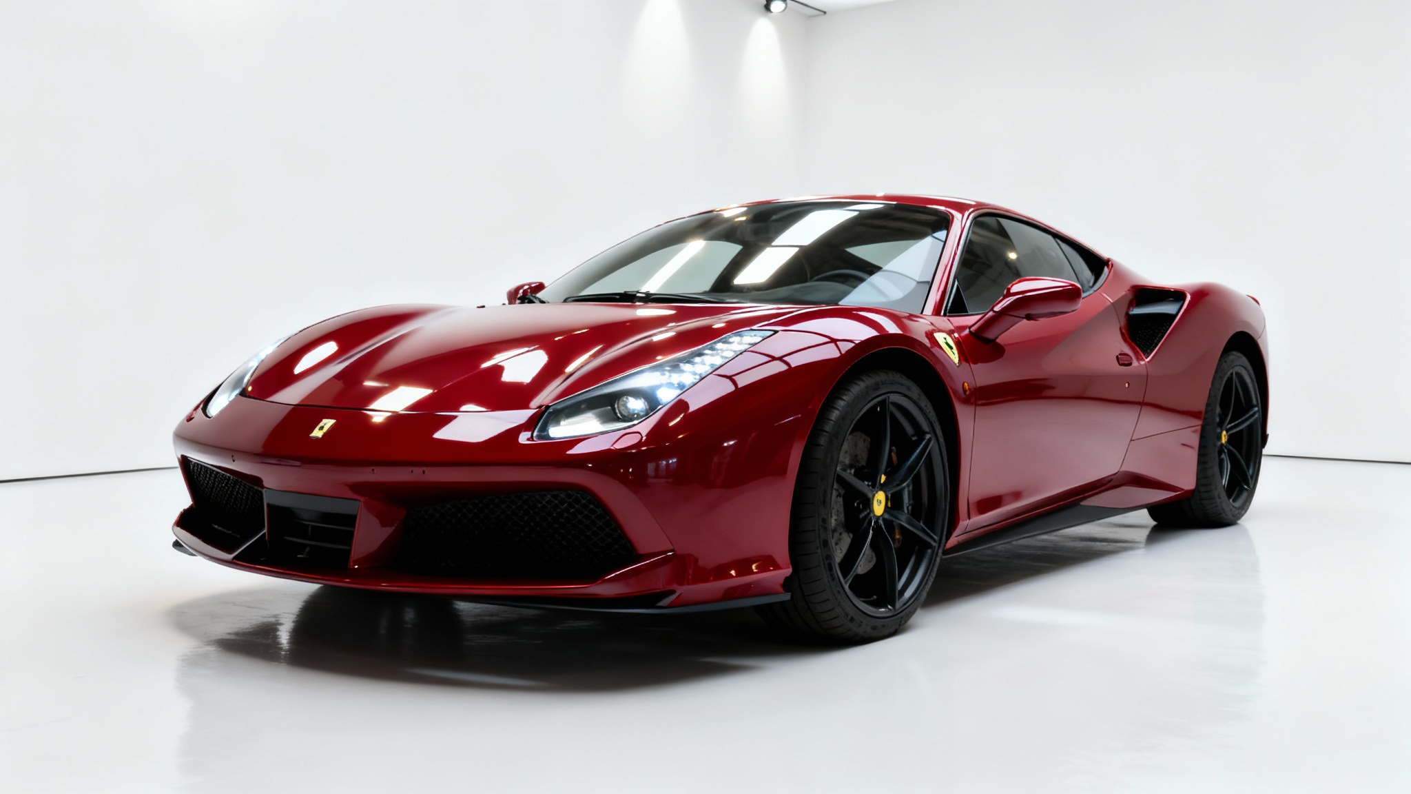 A perfectly polished, vibrant red sports car, showcased in a professional studio setting with a clean white background, highlighting the effects of automotive photo editing.