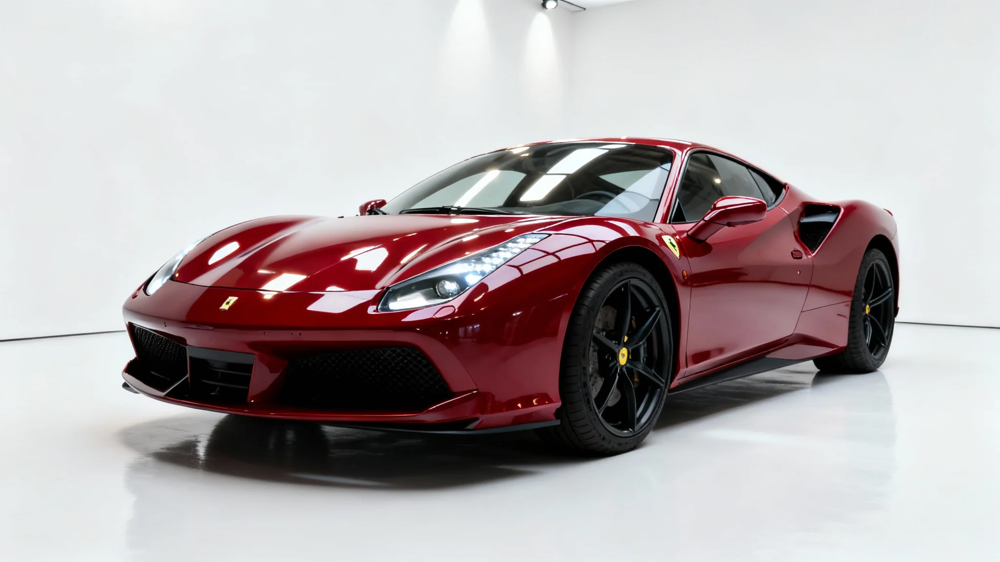 A perfectly polished, vibrant red sports car, showcased in a professional studio setting with a clean white background, highlighting the effects of automotive photo editing.