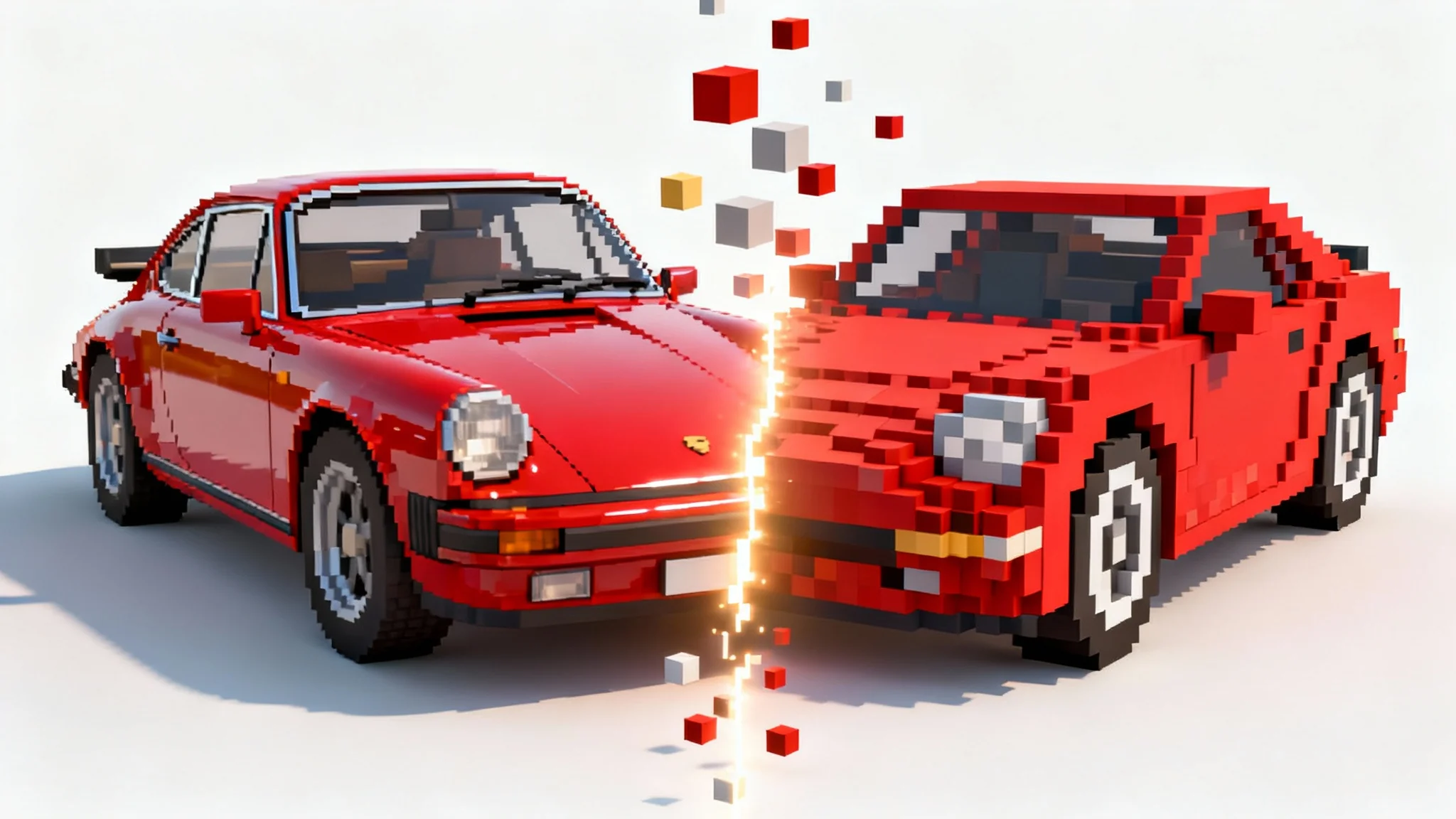 An illustration of a 3D to pixel art conversion, showing a red sports car that is half hyper-realistic 3D and half 16-bit pixel art, against a plain white background.