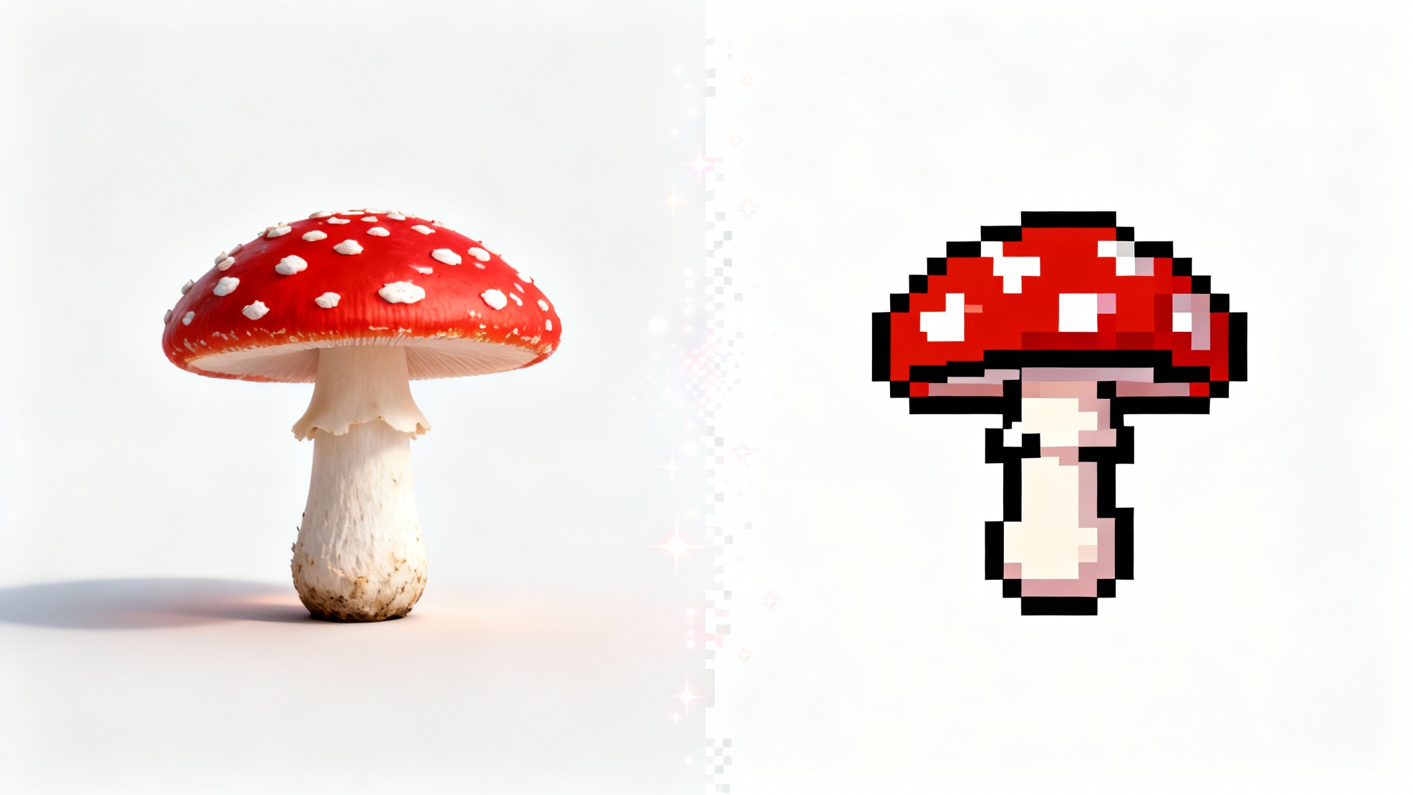 A side-by-side image demonstrating a 3D model of a red mushroom being transformed into a 16-bit pixel art version of the same mushroom, against a white background.