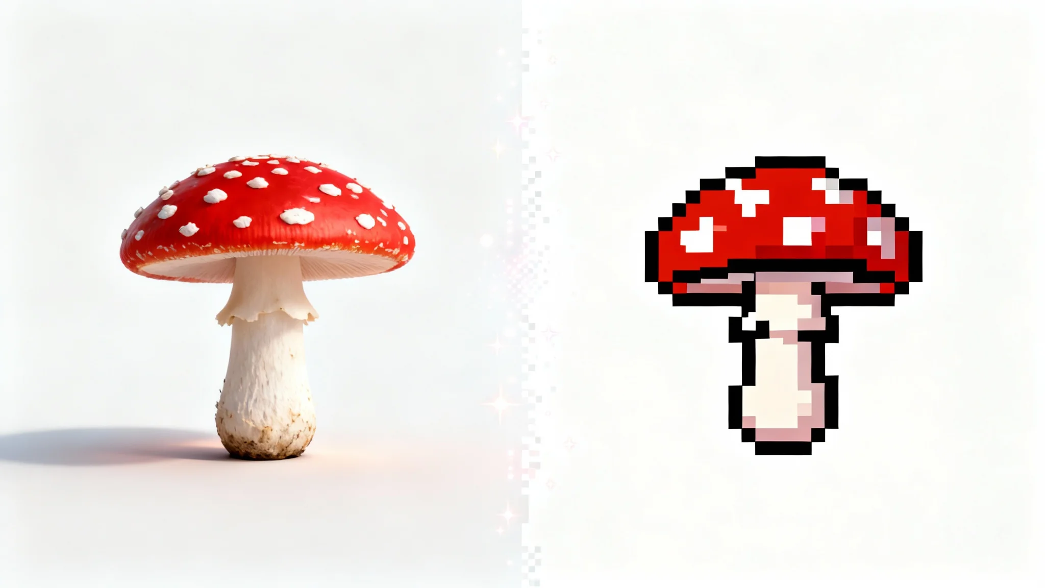 A side-by-side image demonstrating a 3D model of a red mushroom being transformed into a 16-bit pixel art version of the same mushroom, against a white background.