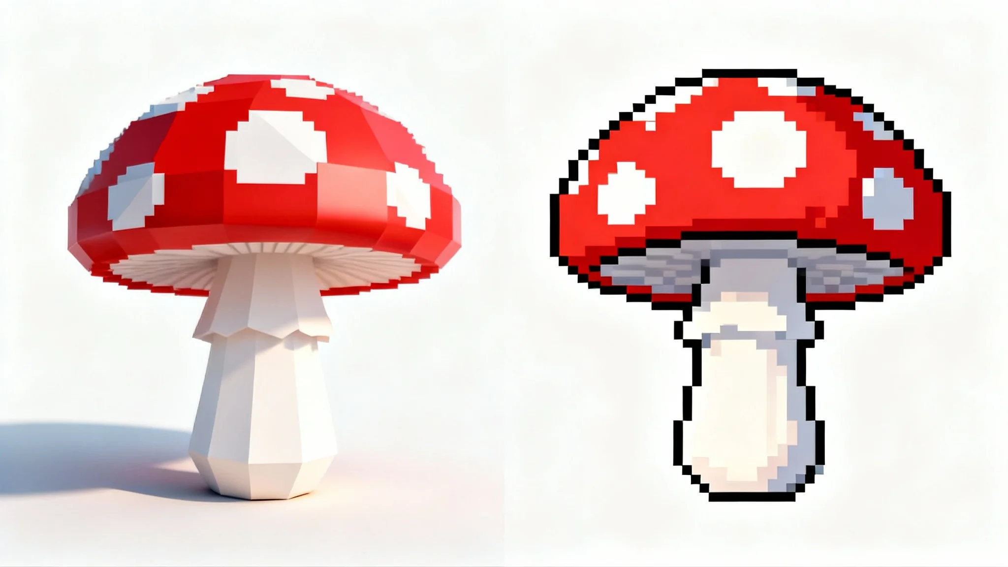 A side-by-side comparison showing a mushroom's transformation. The left side displays a realistic 3D model of a mushroom, and the right side shows the same mushroom as 16-bit pixel art.