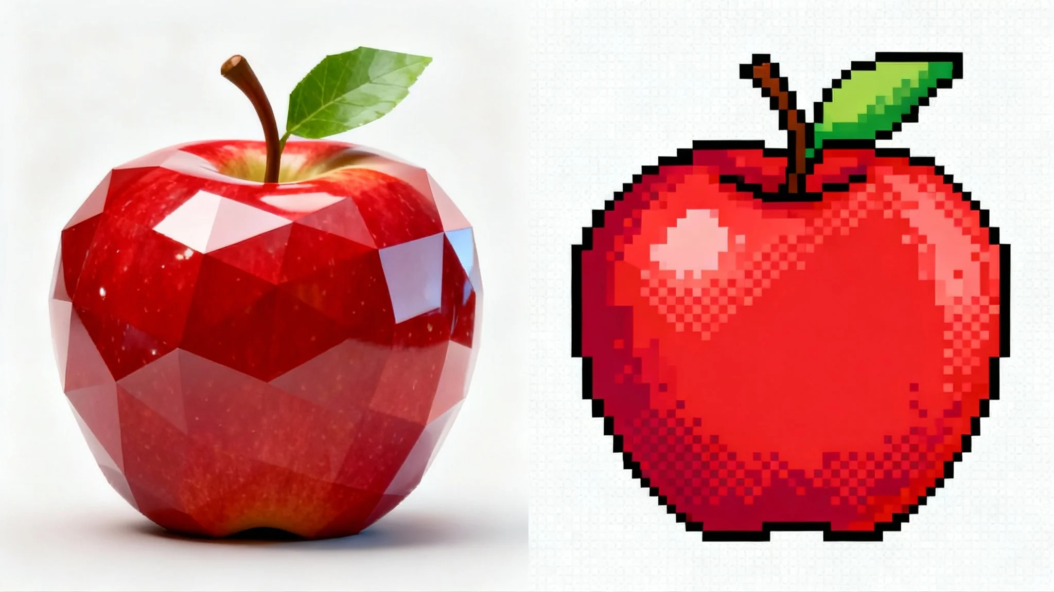 A split image demonstrating a 3D to pixel art conversion. The left side shows a photorealistic 3D red apple, and the right side shows the same apple in a 16-bit pixel art style, set against a white background.