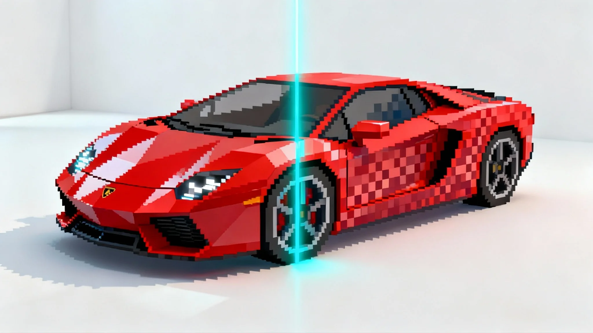 A concept image demonstrating a 3D to pixel art conversion. A red sports car is split down the middle, with the left side being a smooth 3D model and the right side being its 16-bit pixel art equivalent, all on a clean white background.