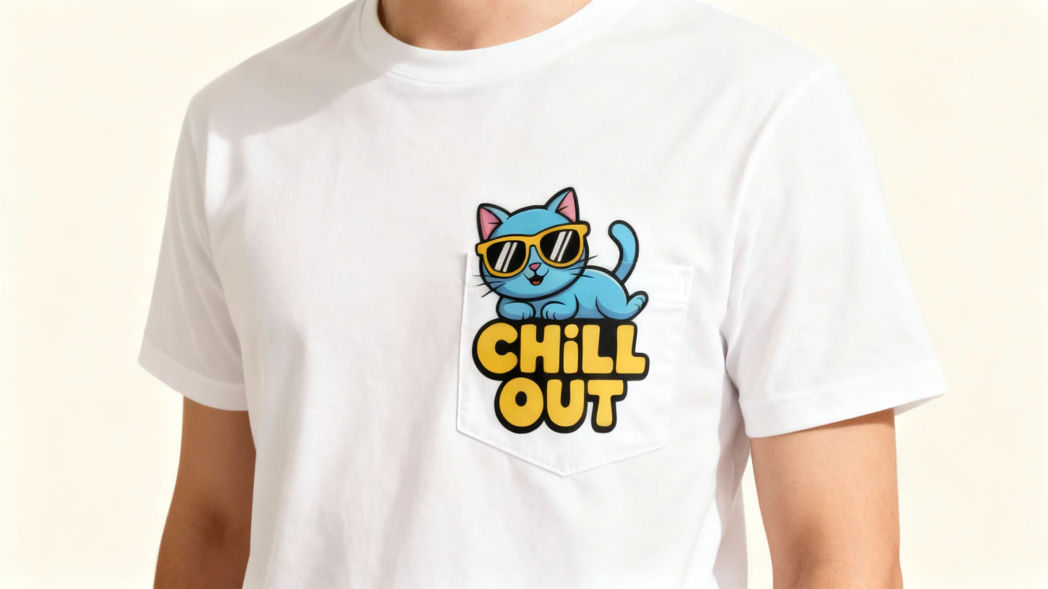 A close-up photograph of a white t-shirt with a graphic printed above the pocket. The graphic features a cartoon cat in sunglasses and the text 'CHILL OUT'.