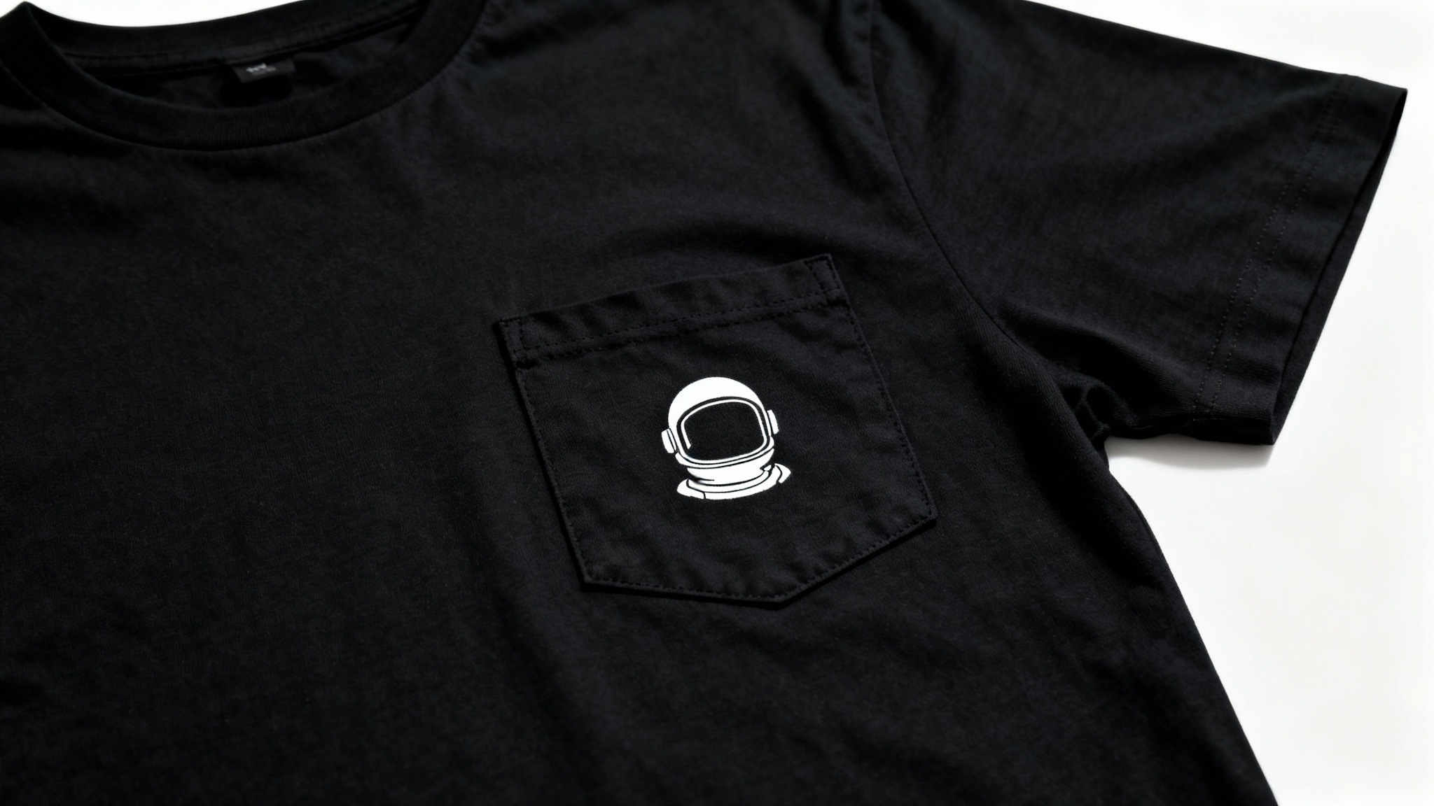 A close-up product photo of a black t-shirt pocket with a small, minimalist white astronaut helmet printed perfectly in the center, showcased against a white background.