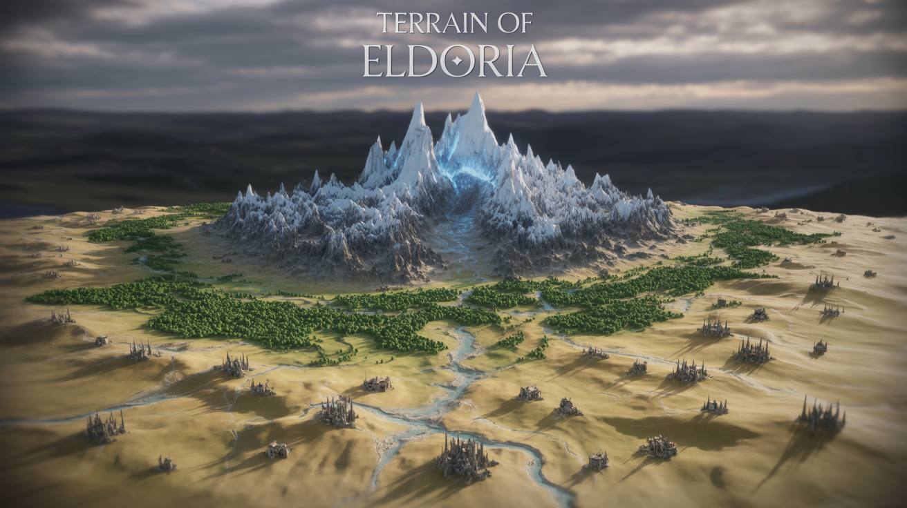 A beautifully rendered 3D fantasy map of the world of Eldoria, showing mountains, forests, and rivers as a final, polished design output.