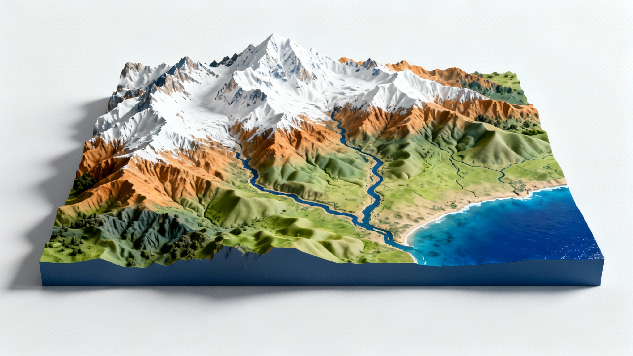A detailed 3D model of a terrain map showing mountains, valleys, and a coastline, isolated on a white background.