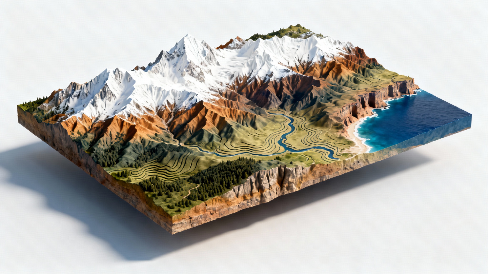 A photorealistic 3D model of a terrain map, showing mountains, valleys, and a river, presented as a floating rectangular block against a plain white background.