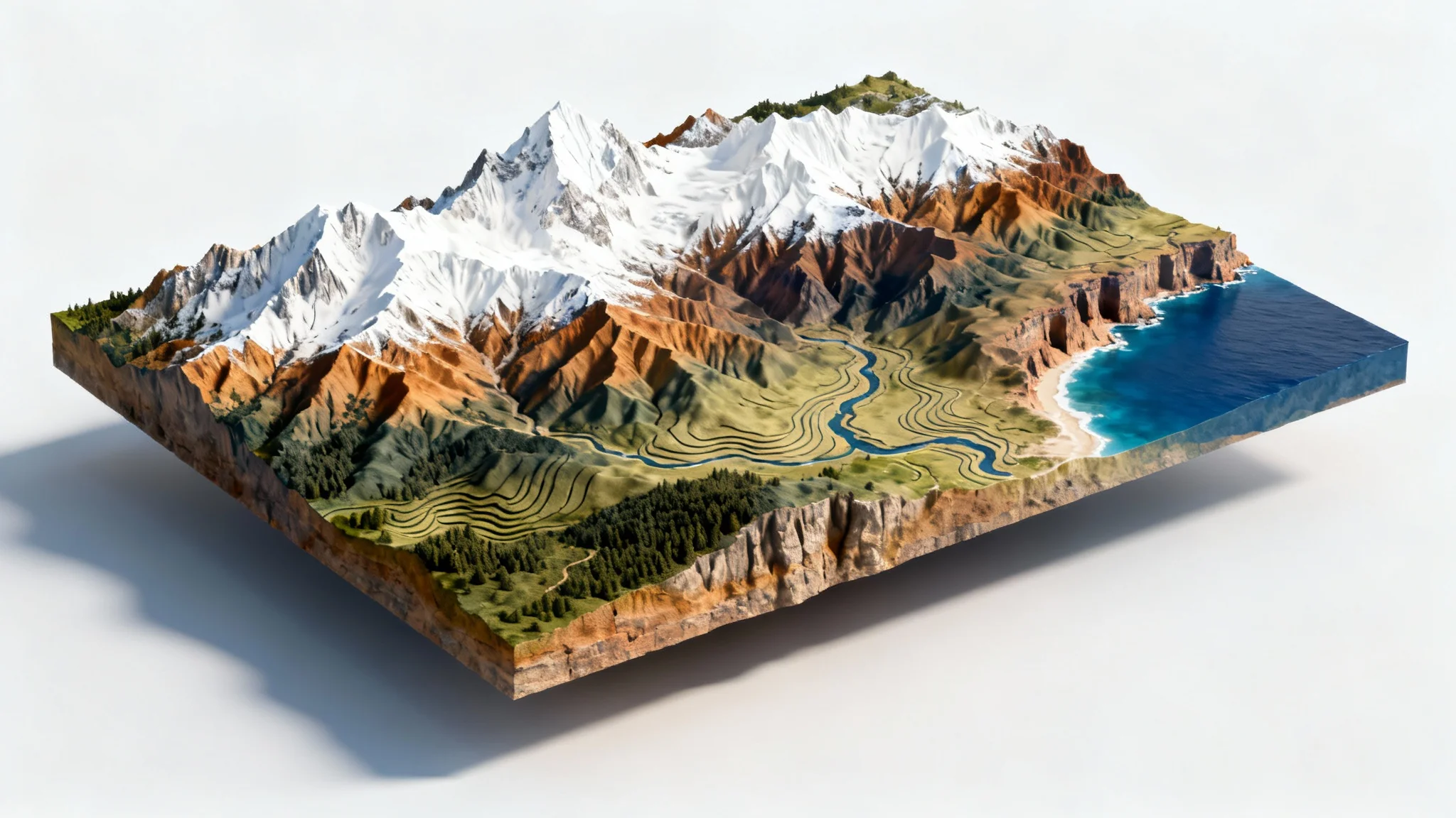 A photorealistic 3D model of a terrain map, showing mountains, valleys, and a river, presented as a floating rectangular block against a plain white background.