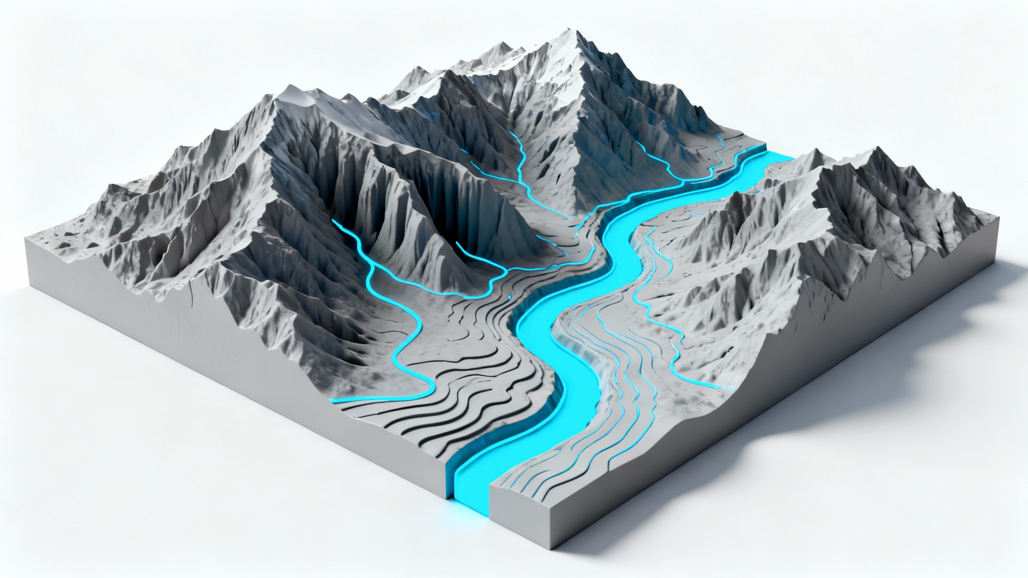 A modern 3D rendering of a terrain map, showing grey mountains and valleys with glowing blue contour lines, set against a plain white background.