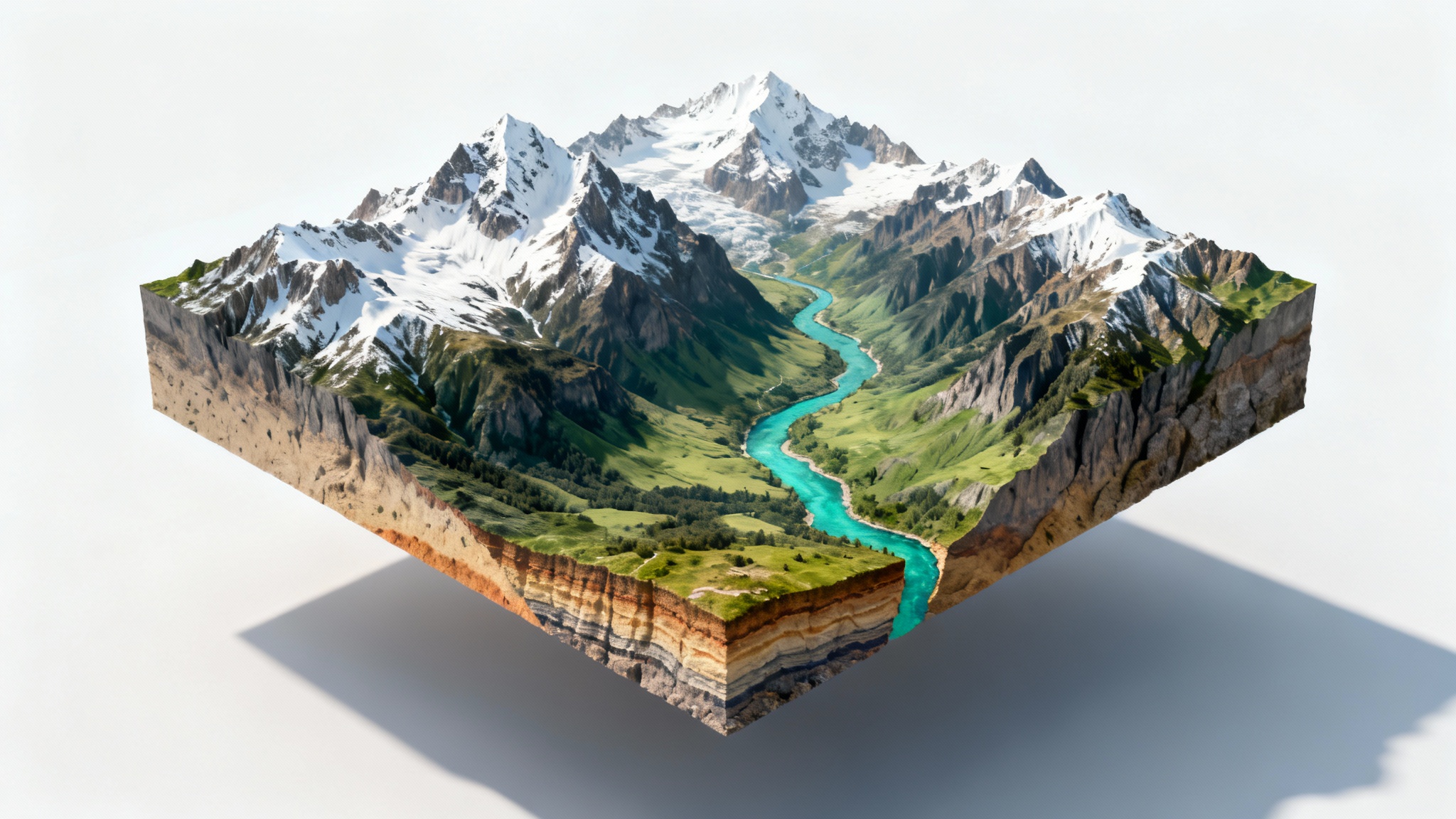 A 3D model of a terrain map showing a mountainous landscape with a river, presented as an isometric block with a visible cross-section of earth layers, on a clean white background.