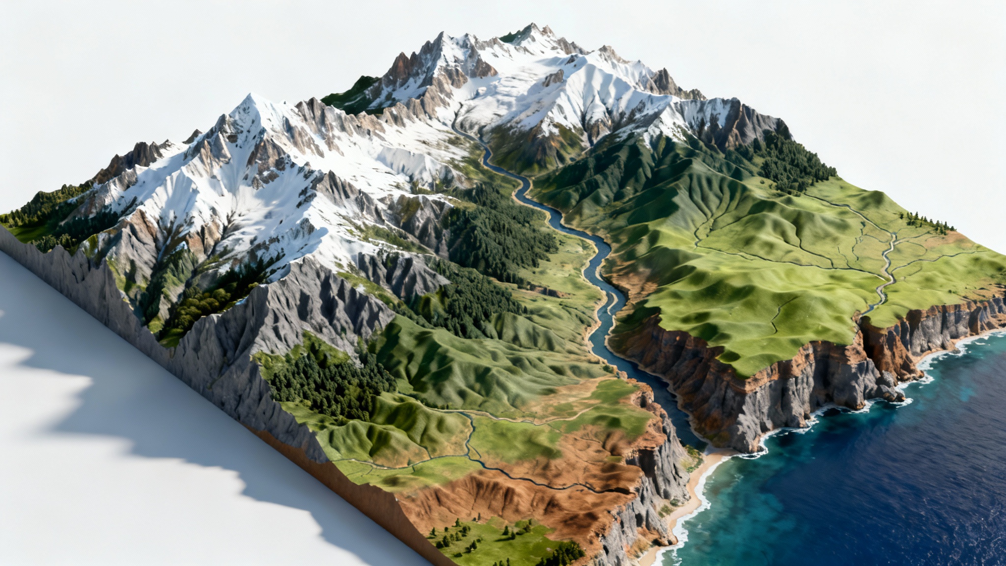 A detailed 3D topographic map model showing mountains, a river, and a coastline, presented against a clean white background.