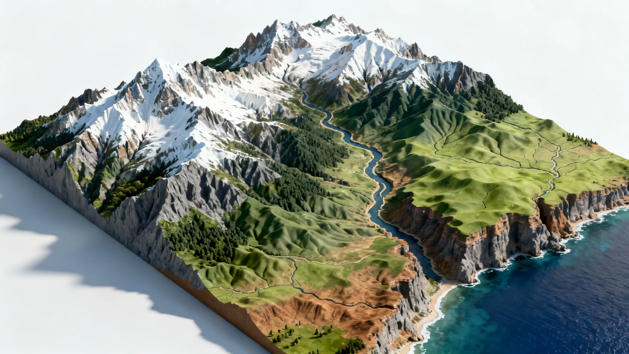 A detailed 3D topographic map model showing mountains, a river, and a coastline, presented against a clean white background.