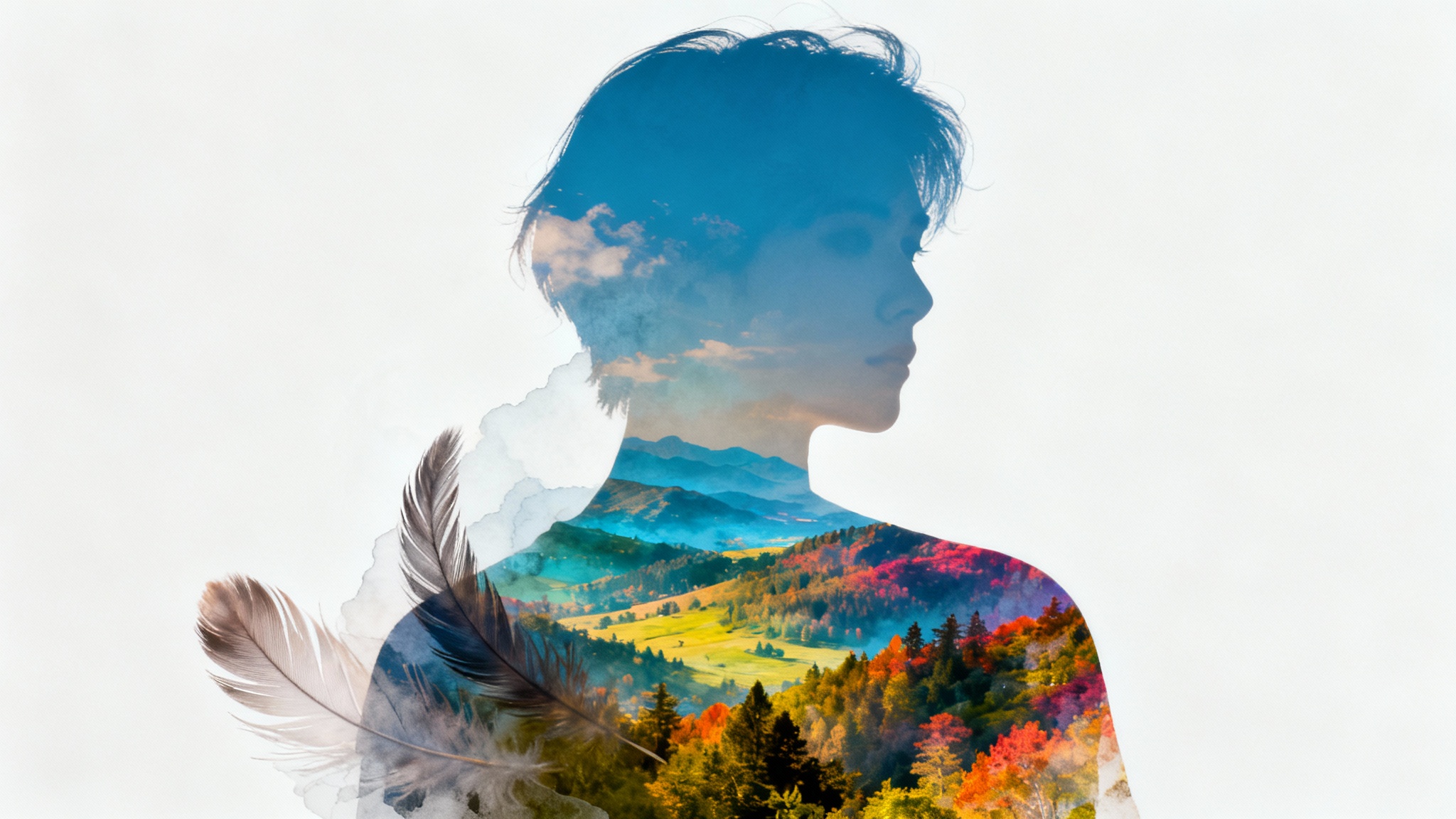 An artistic image demonstrating a feather layer mask, showing a portrait of a person blended with a landscape. The edges of the person are soft and fade smoothly into the background.