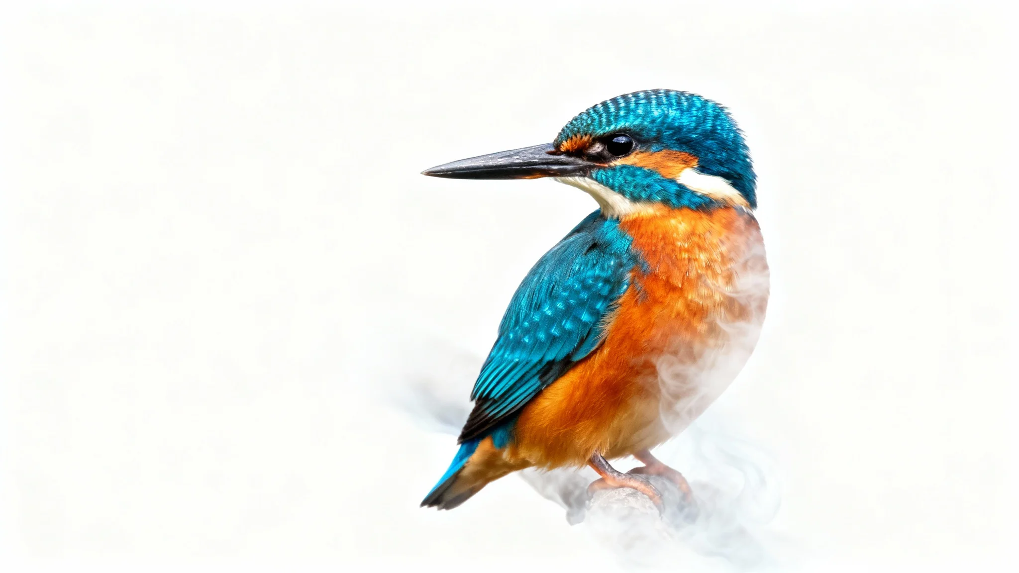 A photorealistic image of a colorful kingfisher bird demonstrating a feathering effect. The front of the bird is in sharp focus while its tail end softly dissolves into the plain white background.