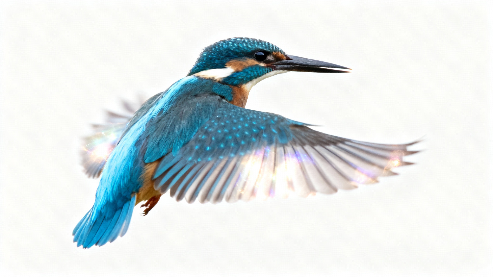 A photorealistic image of a colorful kingfisher in flight against a white background, with its wingtips and tail feathers softly blurred to demonstrate a feather layer mask effect.