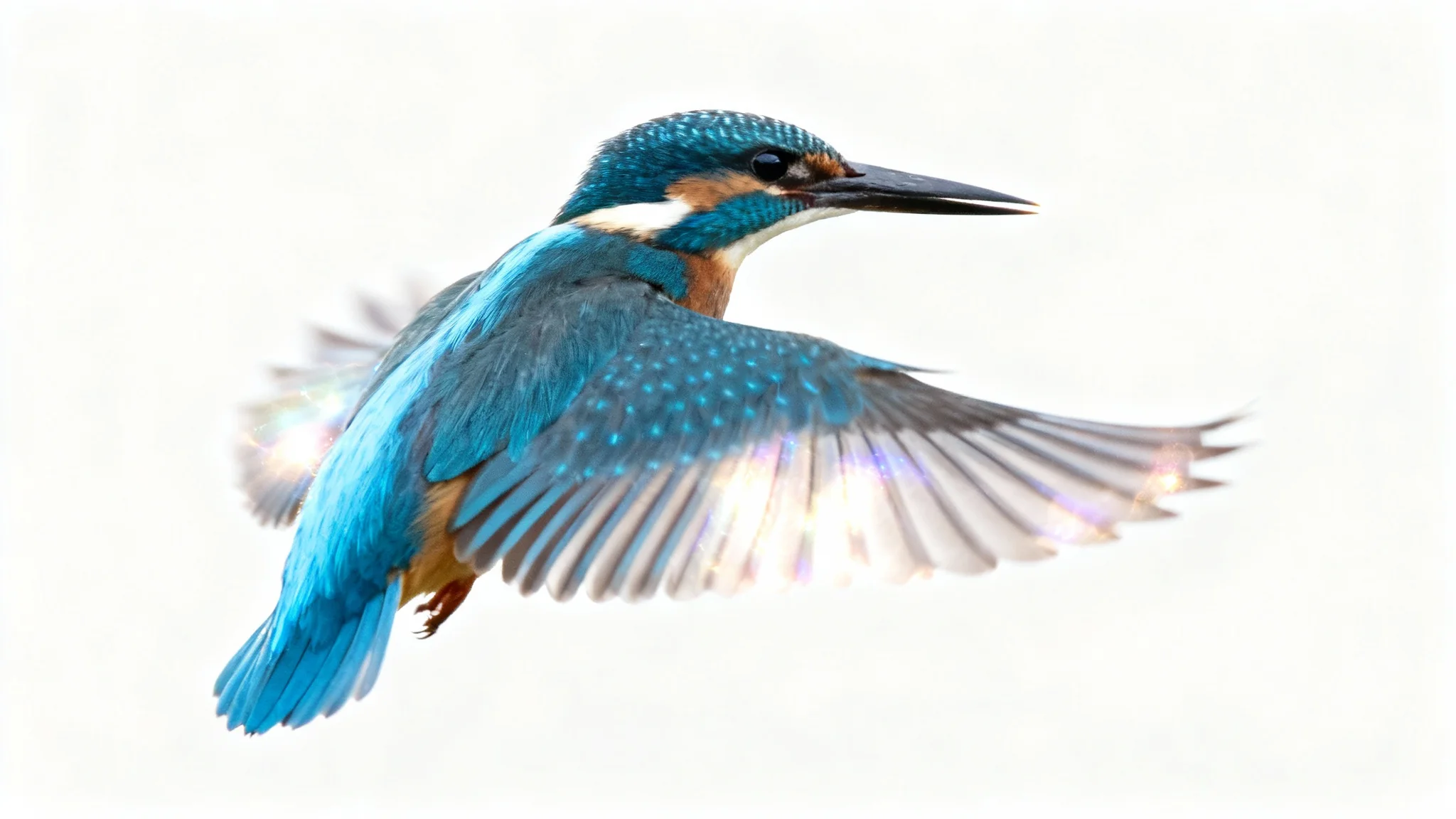 A photorealistic image of a colorful kingfisher in flight against a white background, with its wingtips and tail feathers softly blurred to demonstrate a feather layer mask effect.