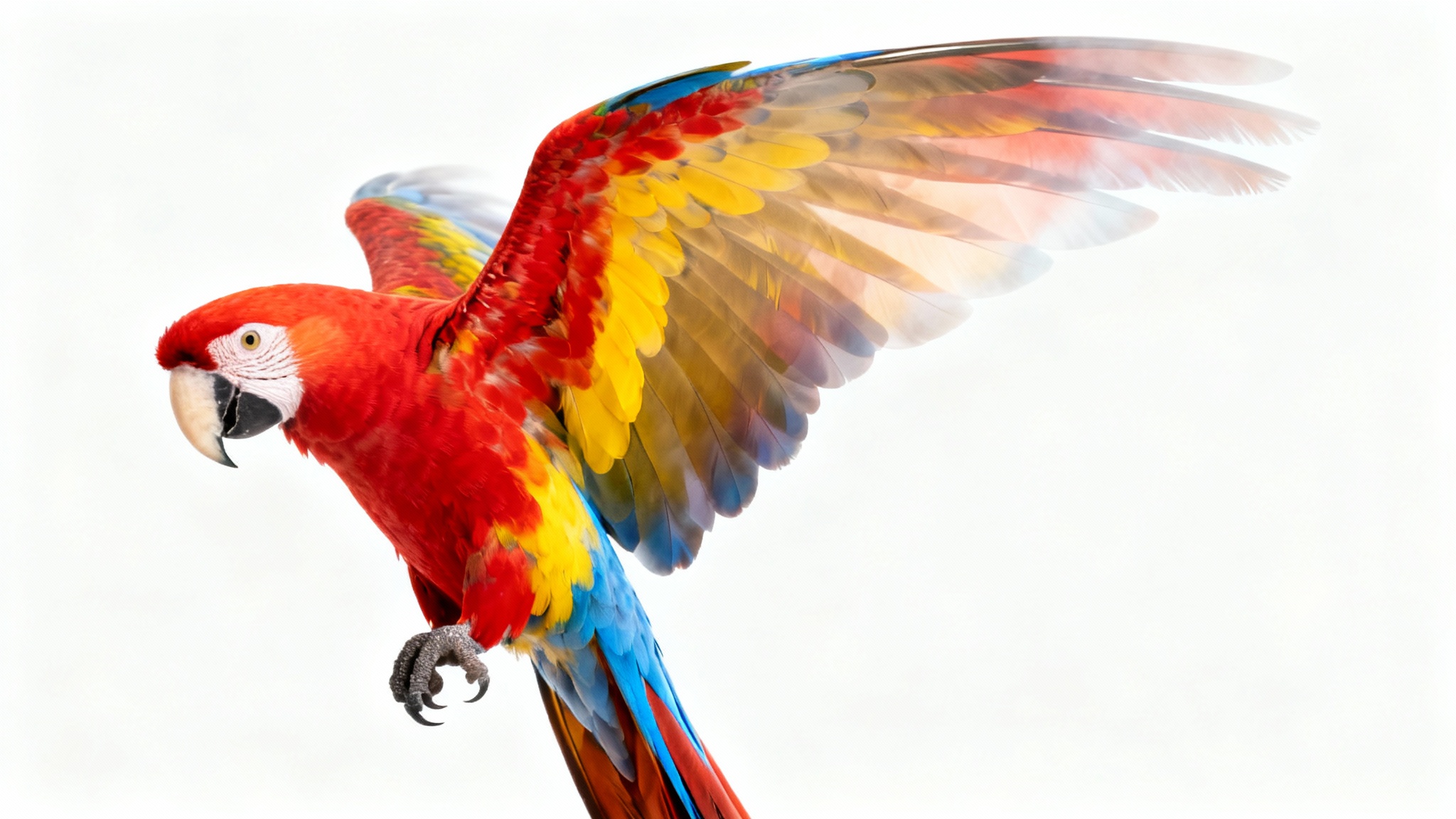 A photorealistic image of a scarlet macaw against a white background, demonstrating a feathering effect where the edges of its feathers softly blend into the background.