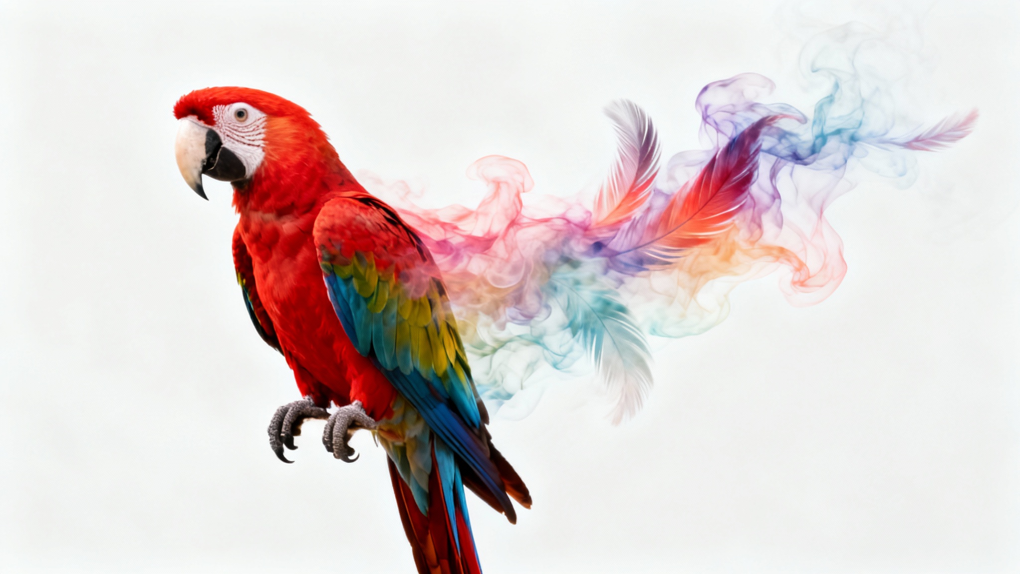 A photorealistic image of a scarlet macaw parrot on a white background. The front of the parrot is in sharp focus, while the back half softly dissolves into a feathered wisp of colorful smoke, illustrating a feather mask blending effect.