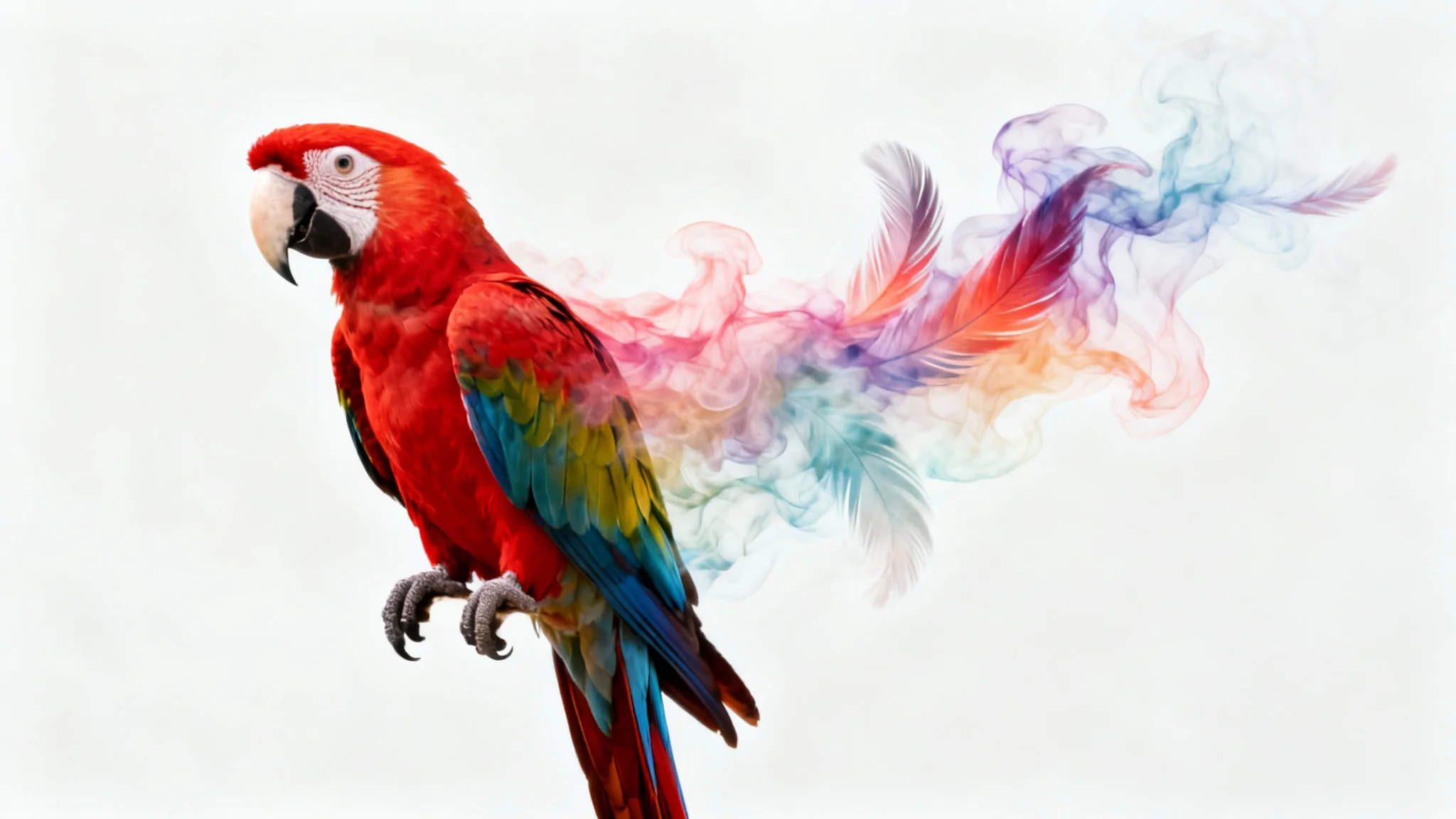 A photorealistic image of a scarlet macaw parrot on a white background. The front of the parrot is in sharp focus, while the back half softly dissolves into a feathered wisp of colorful smoke, illustrating a feather mask blending effect.