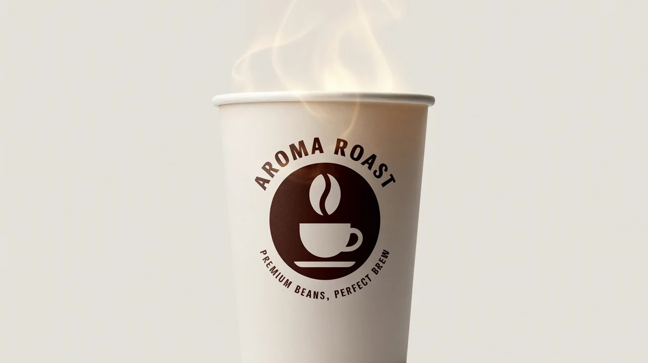 A mockup of a minimalist and modern coffee shop logo for 'Aroma Roast' displayed on a white paper coffee cup against a clean white background.