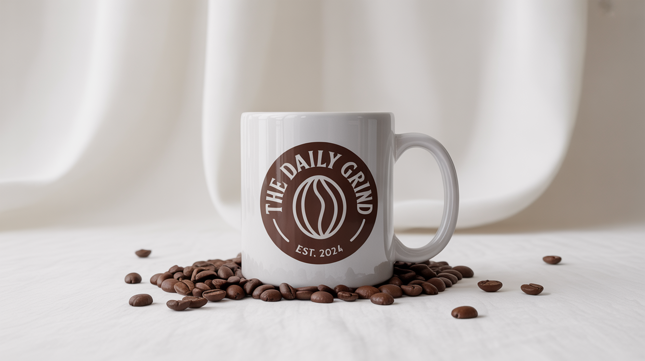 A mockup of a coffee shop logo for 'The Daily Grind' printed on a white ceramic mug, set against a clean white background with a few coffee beans scattered around its base.