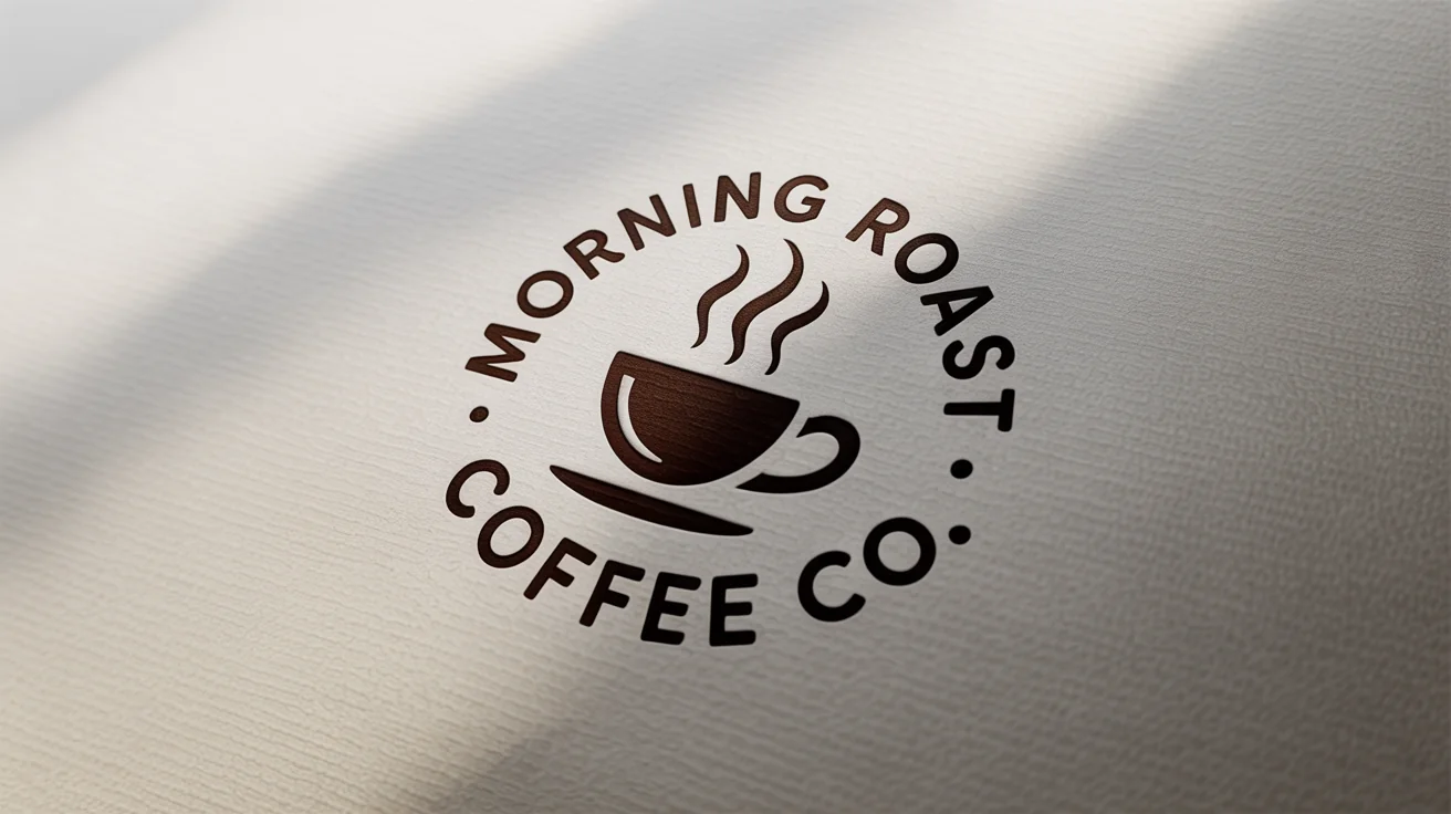 A mockup of a modern, circular coffee shop logo for 'MORNING ROAST COFFEE CO.', featuring a steaming cup graphic, presented on textured paper against a white background.