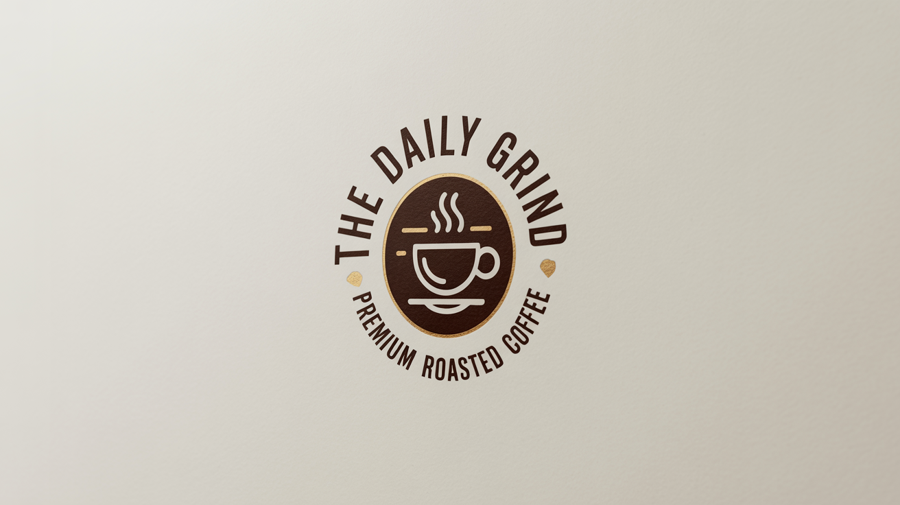 A modern, circular coffee shop logo for 'The Daily Grind Premium Roasted Coffee'. The logo features a stylized steaming coffee cup in brown and gold, presented on a clean white background.