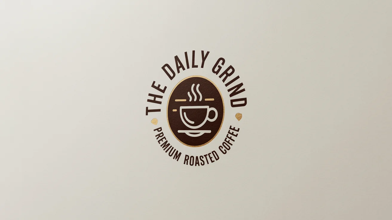 A modern, circular coffee shop logo for 'The Daily Grind Premium Roasted Coffee'. The logo features a stylized steaming coffee cup in brown and gold, presented on a clean white background.