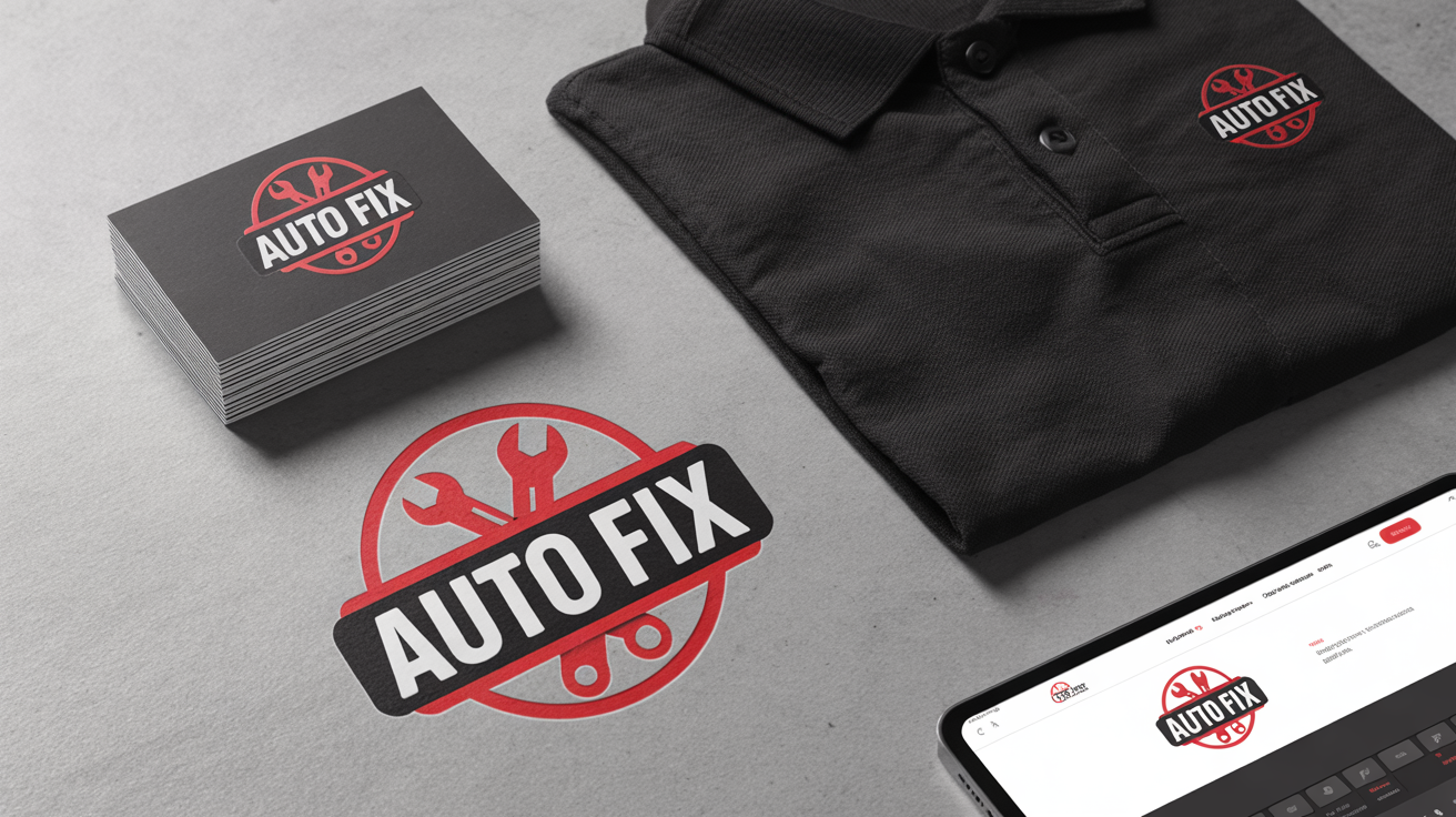 A professional brand identity mockup for 'AUTO FIX' auto repair, showing the final logo on a business card, a polo shirt, and a tablet screen, arranged neatly on a clean surface.