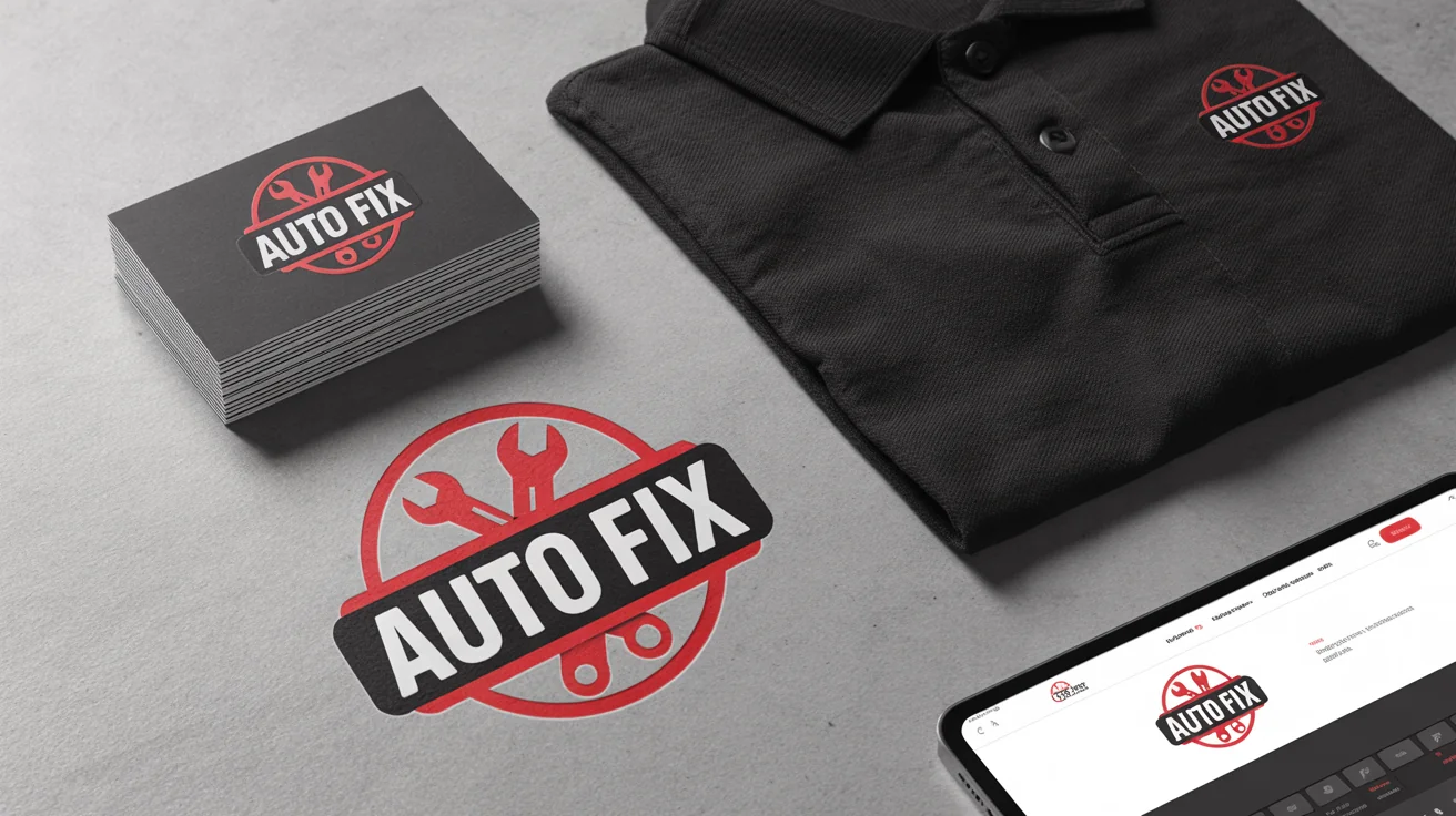 A professional brand identity mockup for 'AUTO FIX' auto repair, showing the final logo on a business card, a polo shirt, and a tablet screen, arranged neatly on a clean surface.